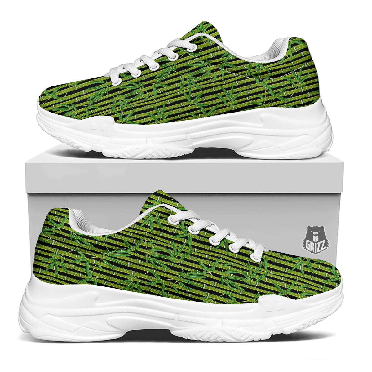 Green Bamboo And Leaves Print Pattern White Chunky Shoes-grizzshop