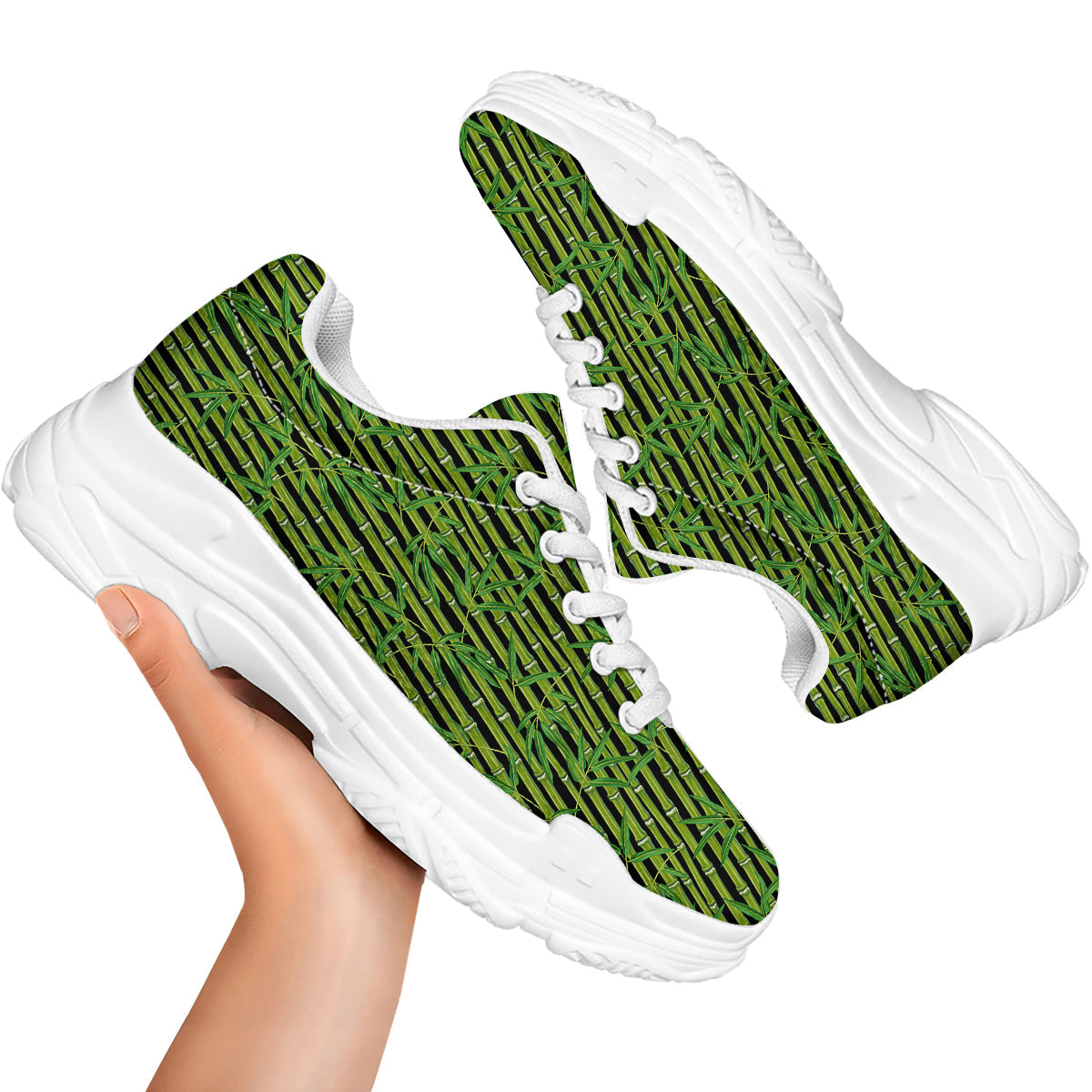 Green Bamboo And Leaves Print Pattern White Chunky Shoes-grizzshop