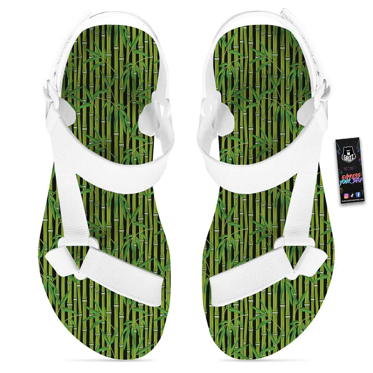 Green Bamboo And Leaves Print Pattern White Open Toe Sandals-grizzshop