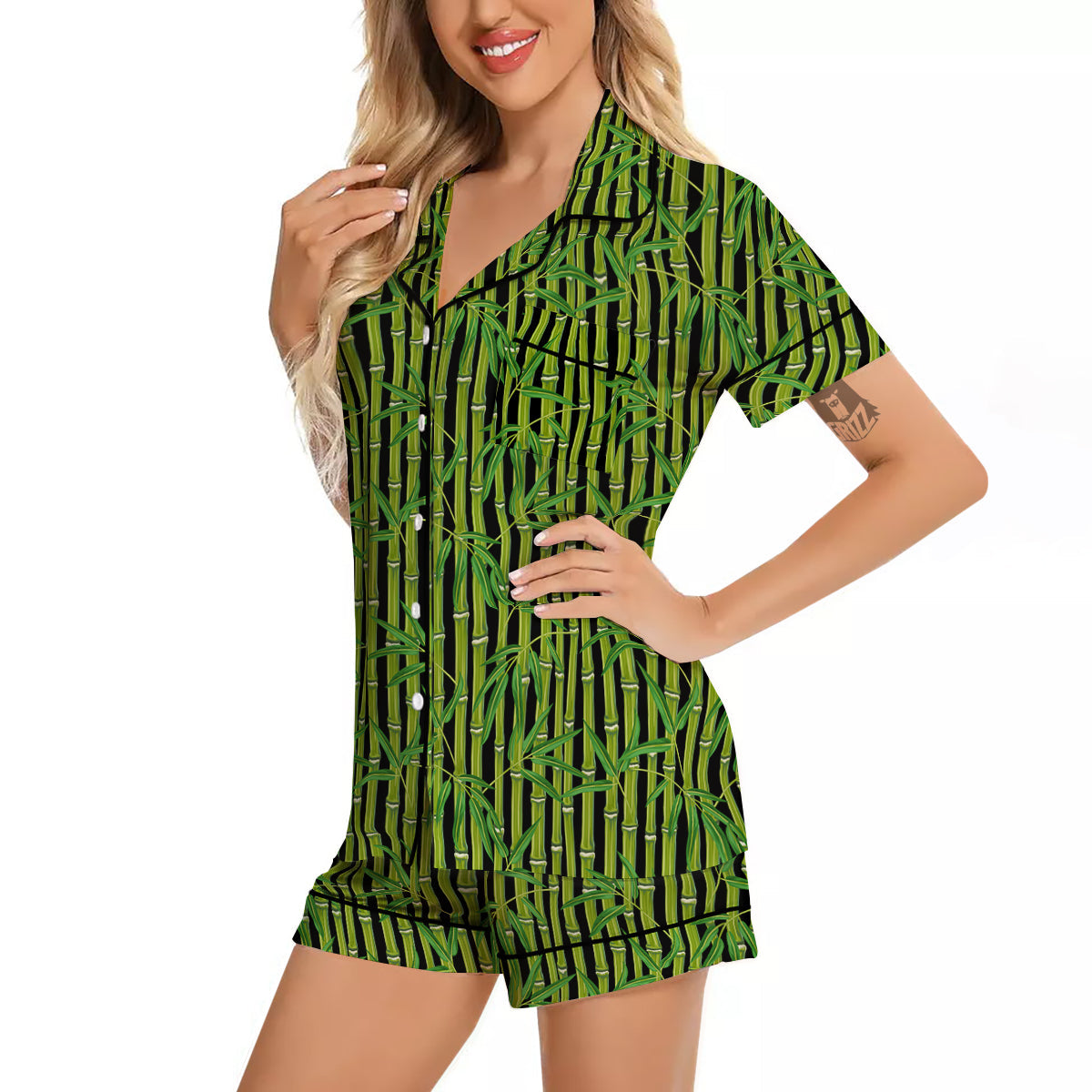 Green Bamboo And Leaves Print Pattern Women Silk Pajamas-grizzshop