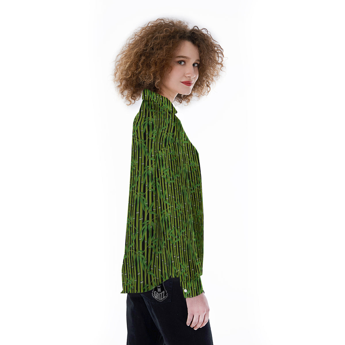 Green Bamboo And Leaves Print Pattern Women's Long Sleeve Shirts-grizzshop