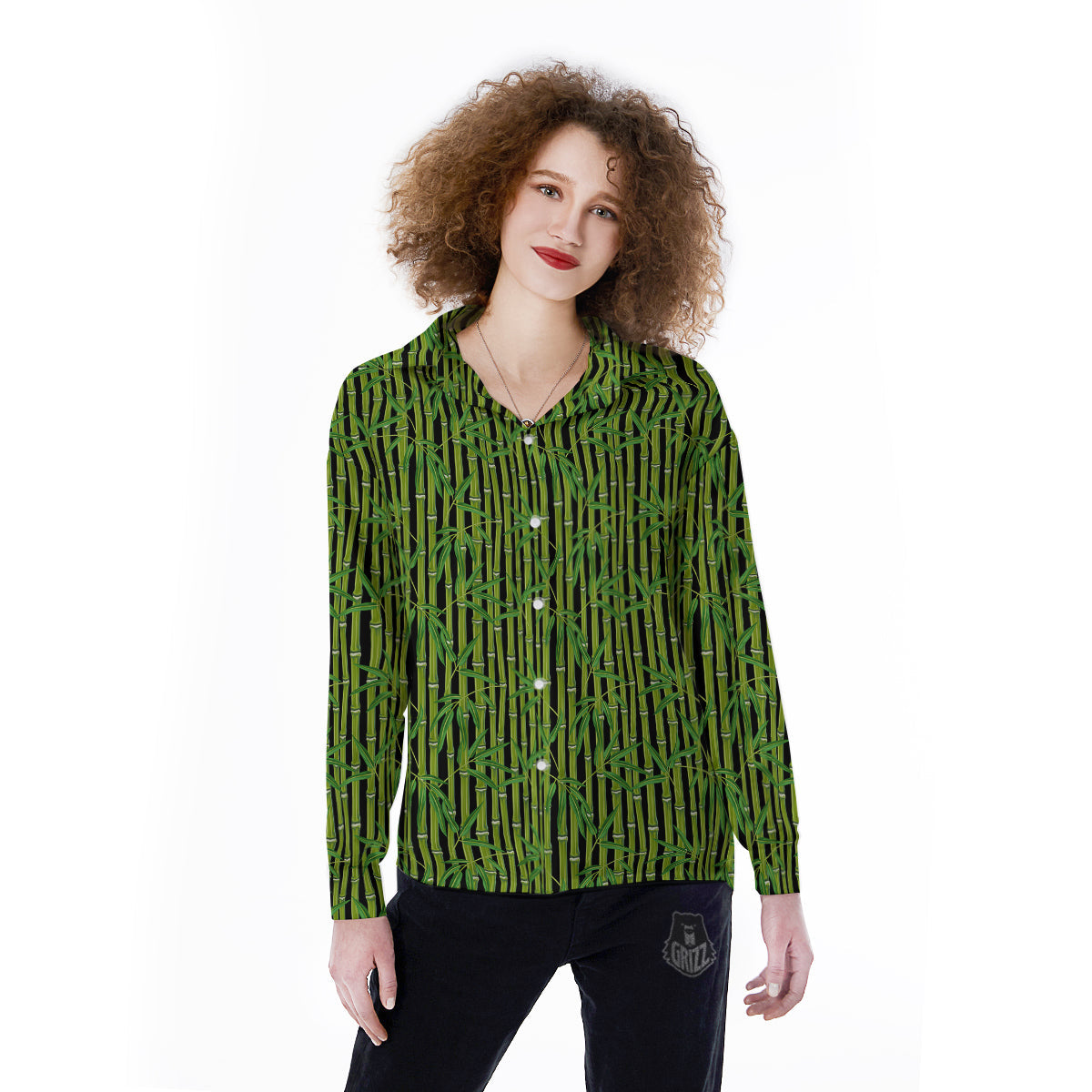 Green Bamboo And Leaves Print Pattern Women's Long Sleeve Shirts-grizzshop