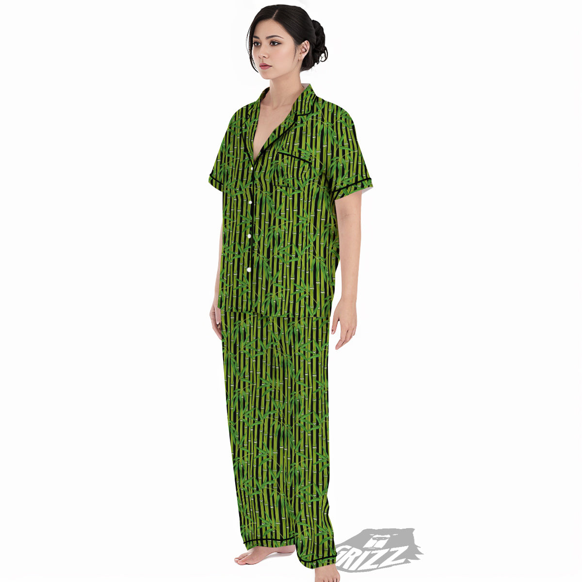 Green Bamboo And Leaves Print Pattern Women's Pajamas Set-grizzshop