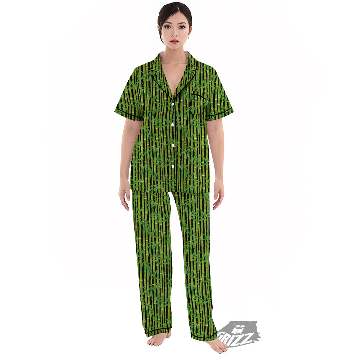 Green Bamboo And Leaves Print Pattern Women's Pajamas Set-grizzshop