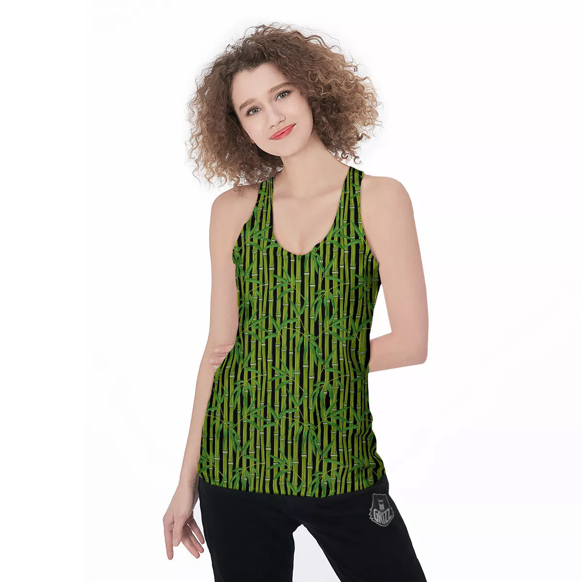 Green Bamboo And Leaves Print Pattern Women's Racerback Tank Top-grizzshop