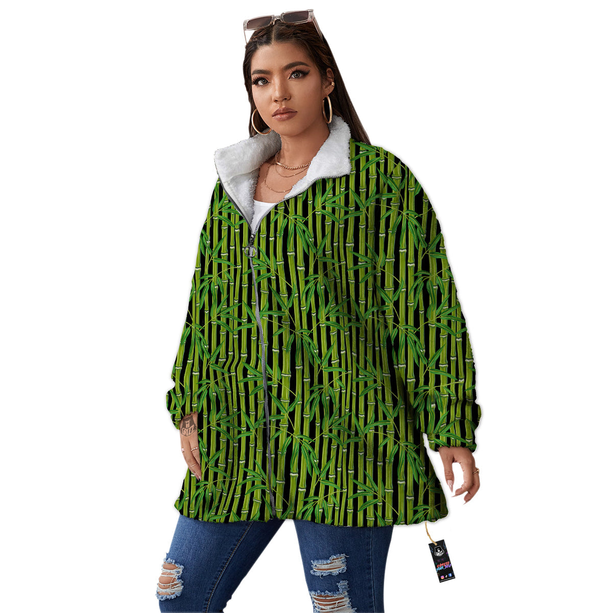 Green Bamboo And Leaves Print Pattern Women's Sherpa Jacket-grizzshop