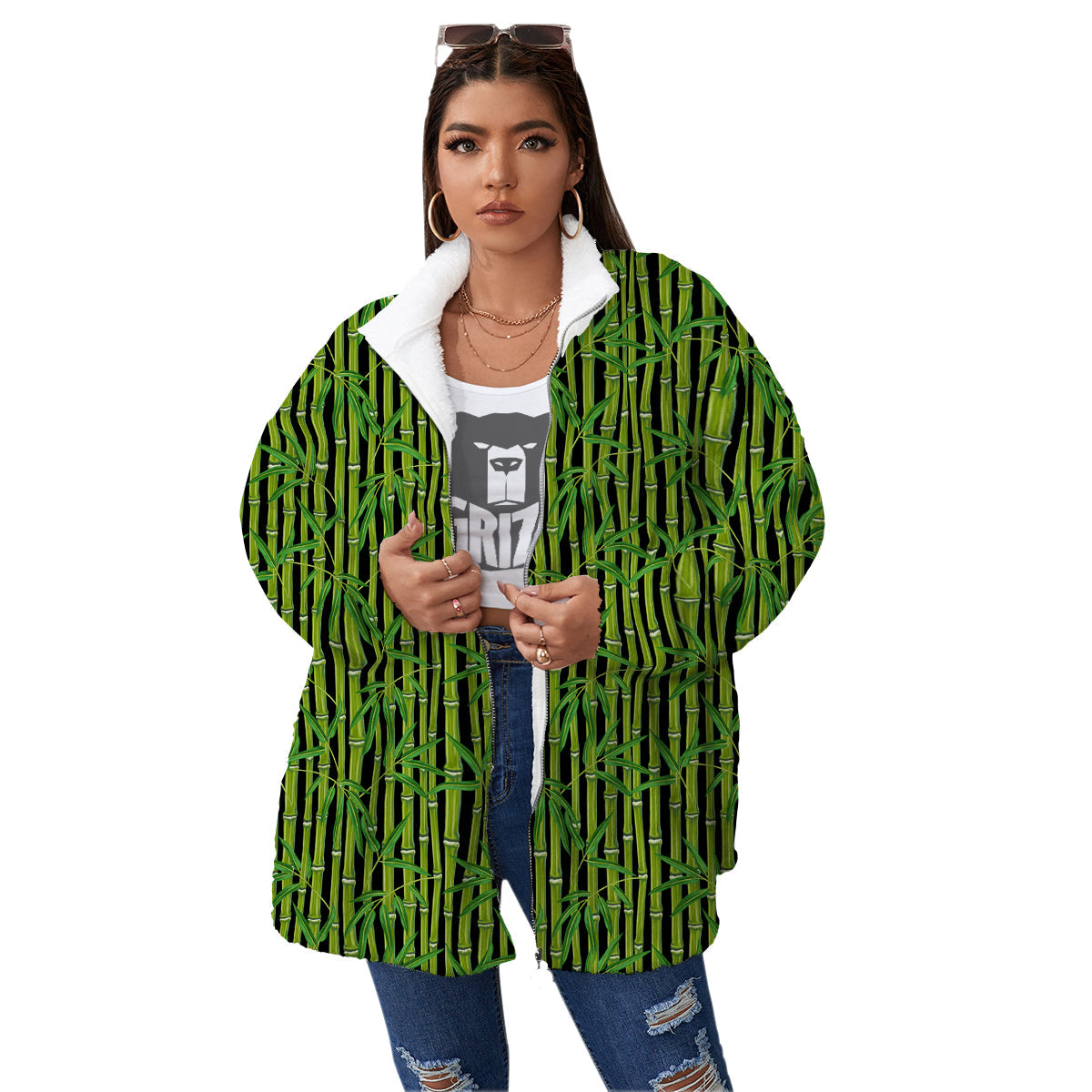 Green Bamboo And Leaves Print Pattern Women's Sherpa Jacket-grizzshop