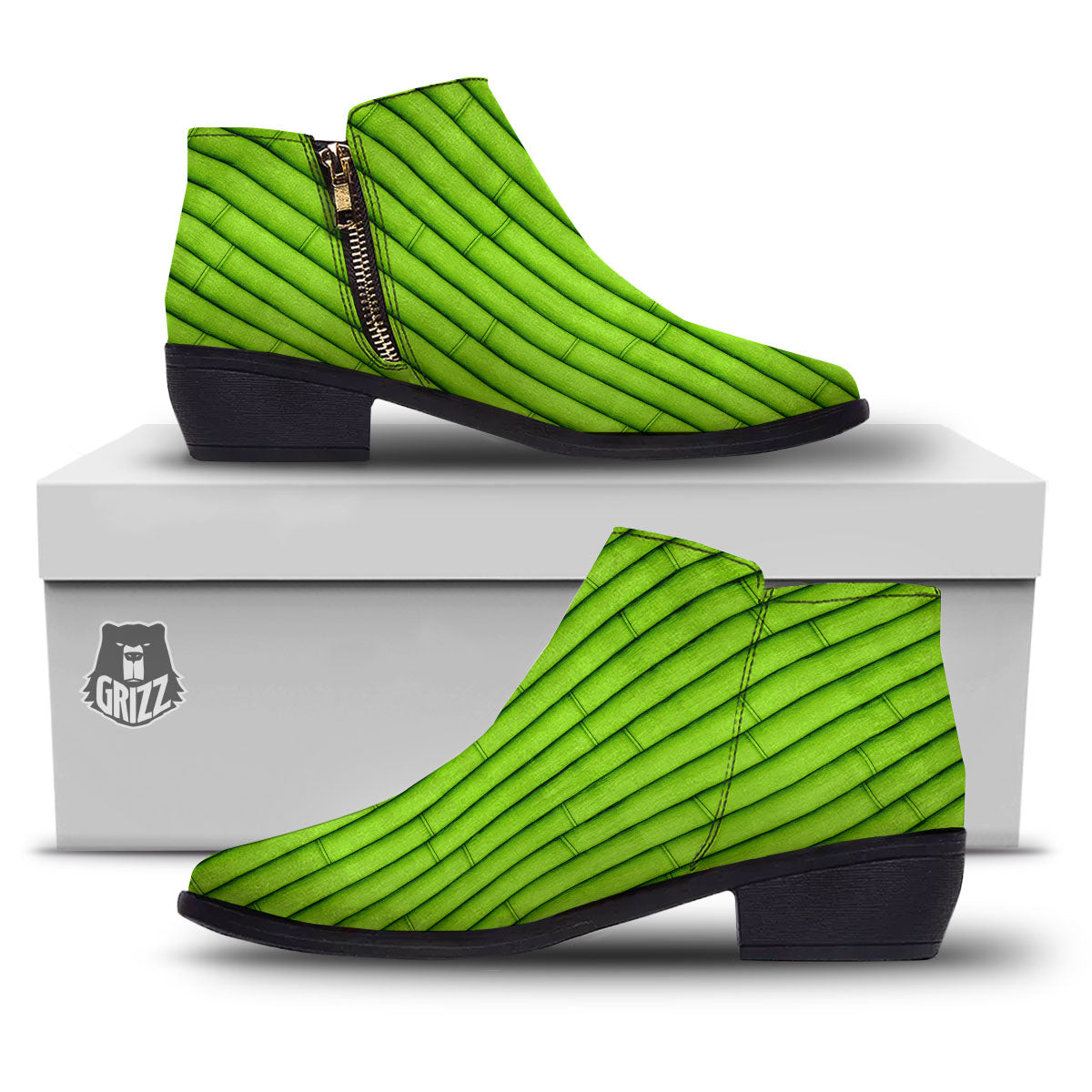 Green Bamboo Print Ankle Boots-grizzshop