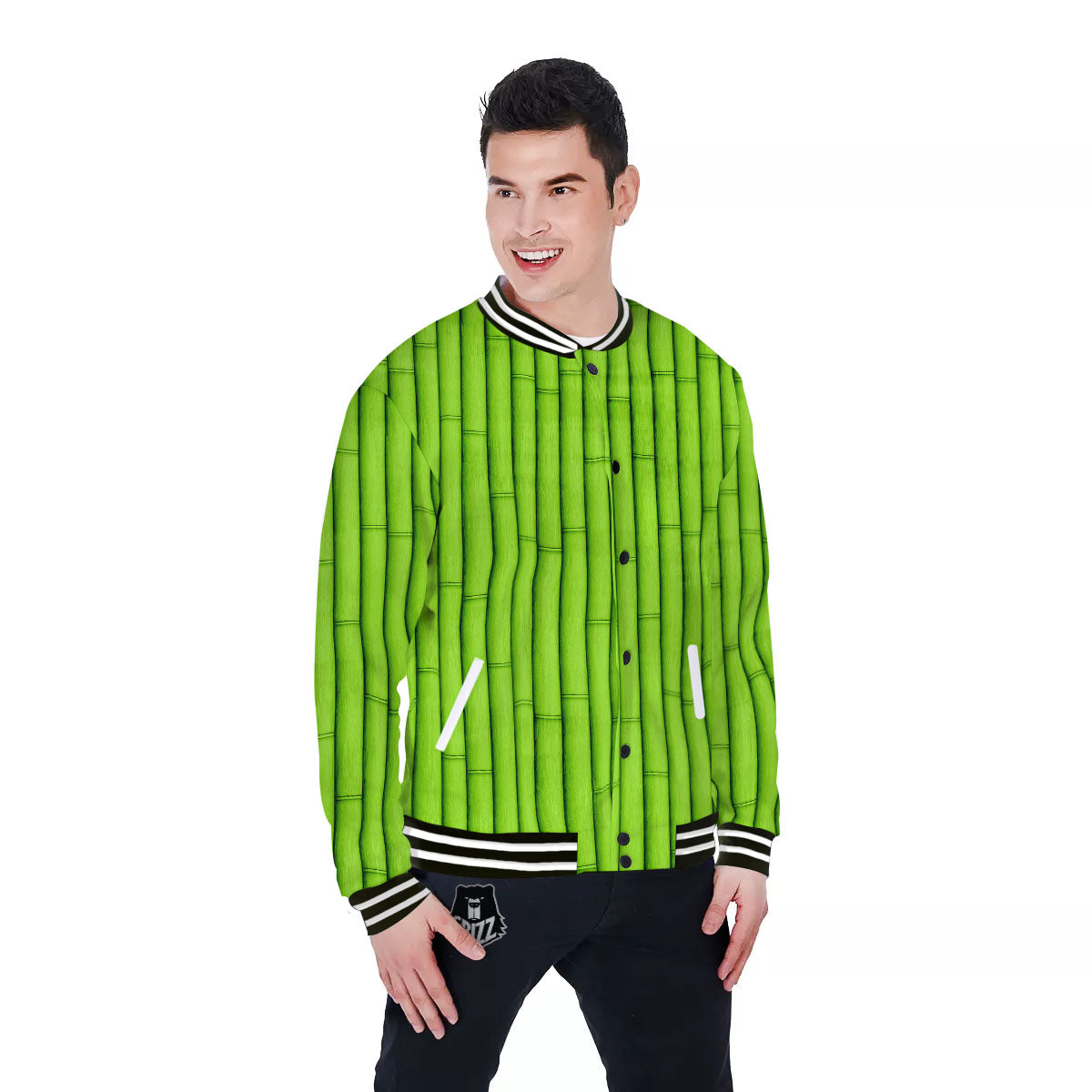 Green Bamboo Print Baseball Jacket-grizzshop