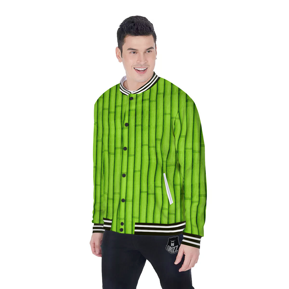 Green Bamboo Print Baseball Jacket-grizzshop