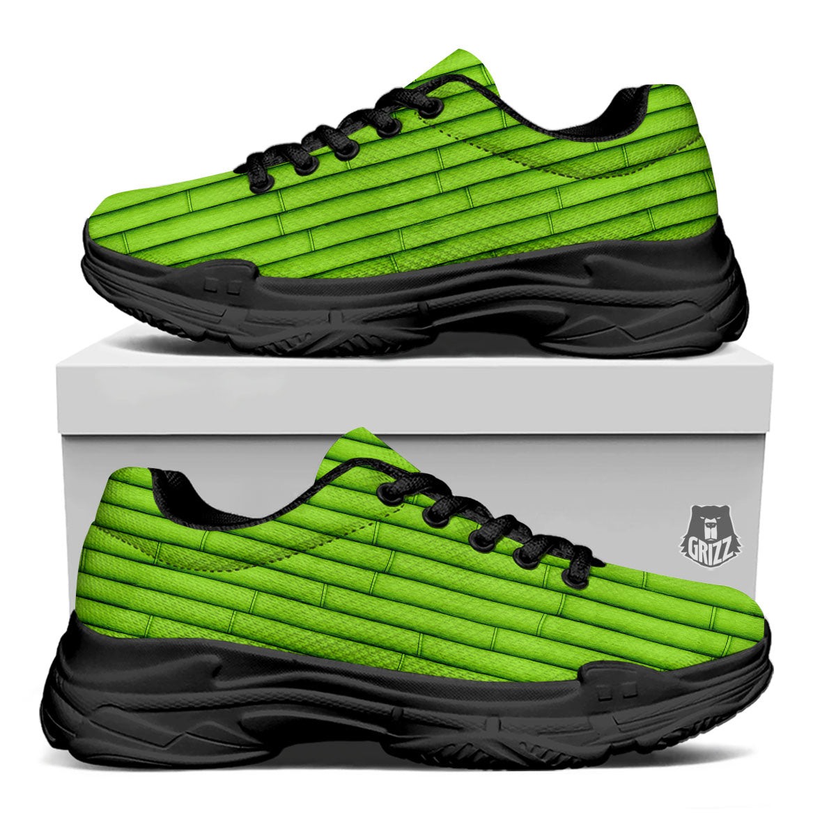 Green Bamboo Print Black Chunky Shoes-grizzshop