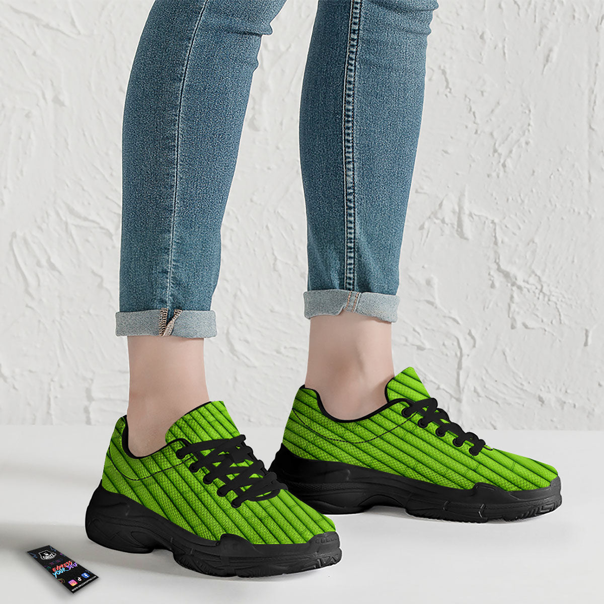 Green Bamboo Print Black Chunky Shoes-grizzshop