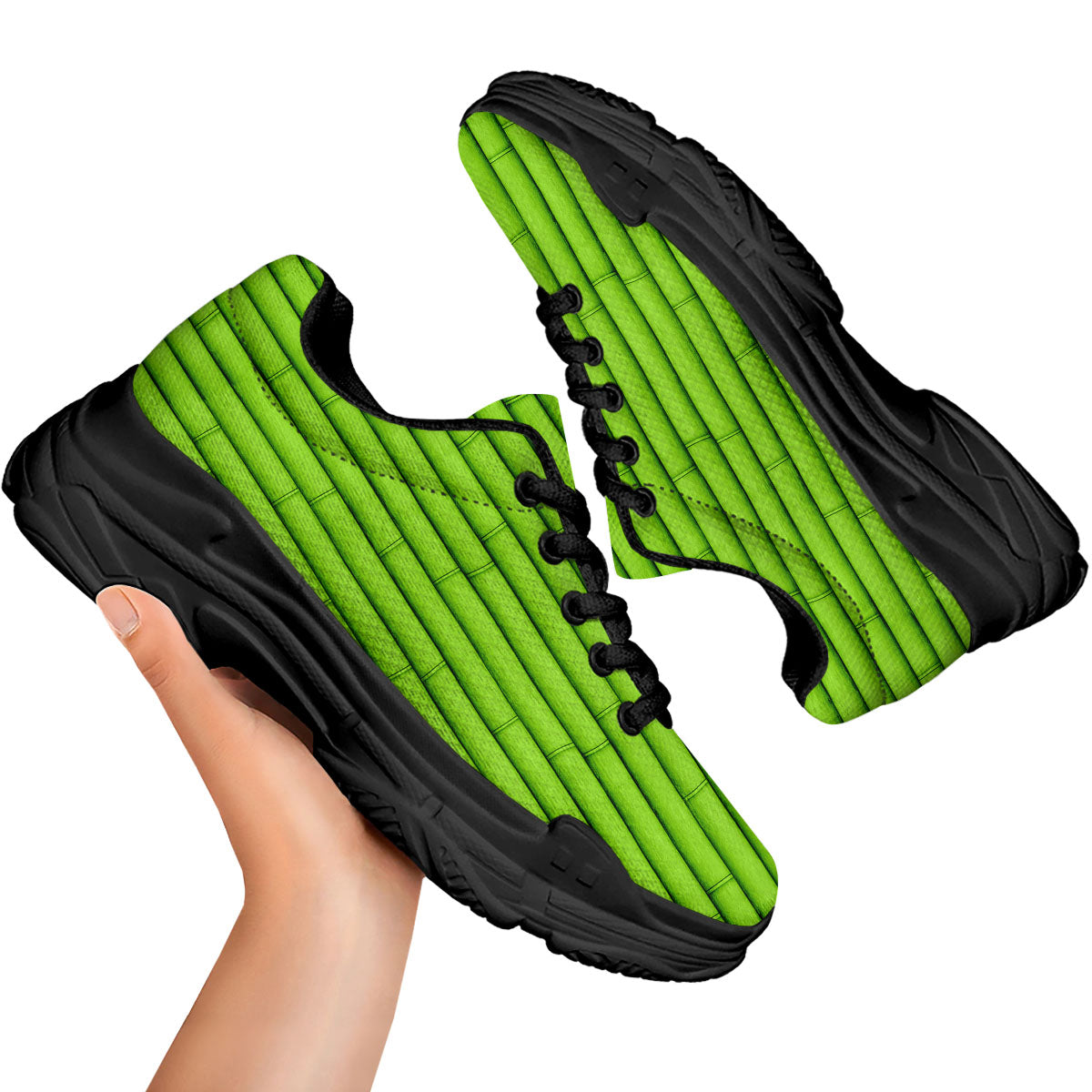 Green Bamboo Print Black Chunky Shoes-grizzshop