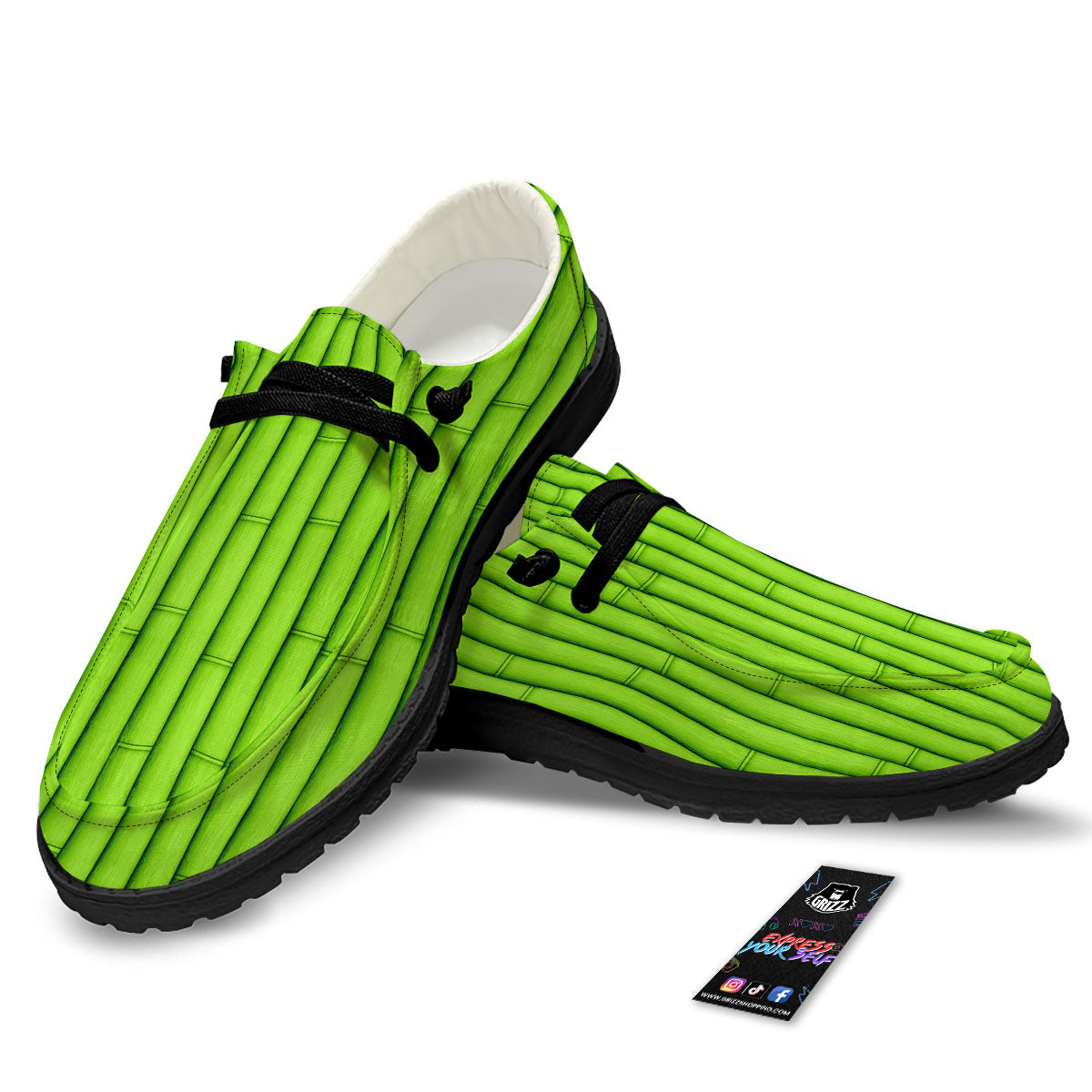 Green Bamboo Print Black Loafers-grizzshop