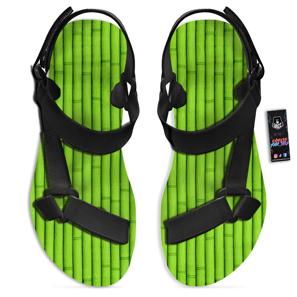 Green Bamboo Print Black Open Toe Sandals-grizzshop