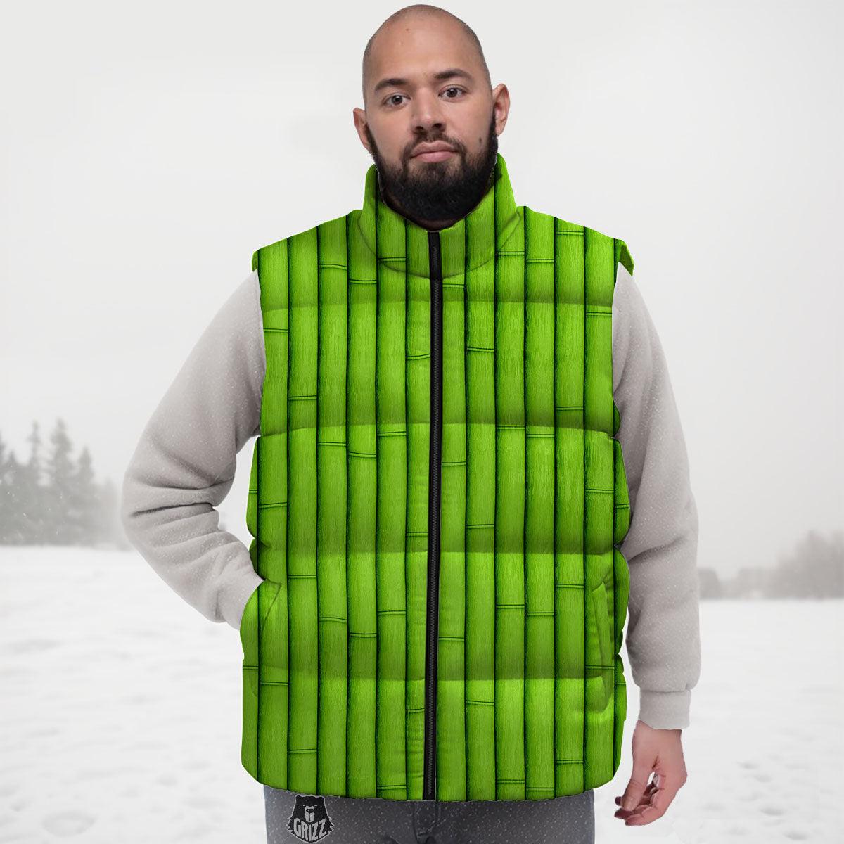 Green Bamboo Print Down Vest