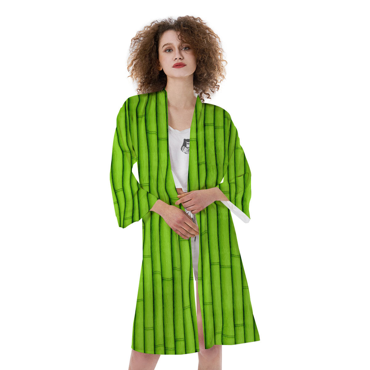 Green Bamboo Print Kimono-grizzshop