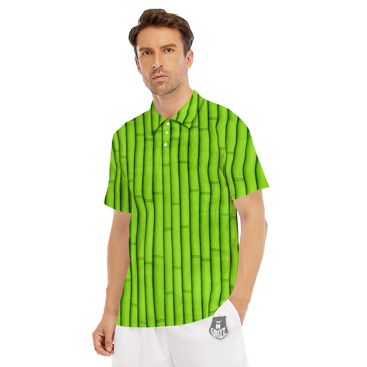 Green Bamboo Print Men's Golf Shirts-grizzshop