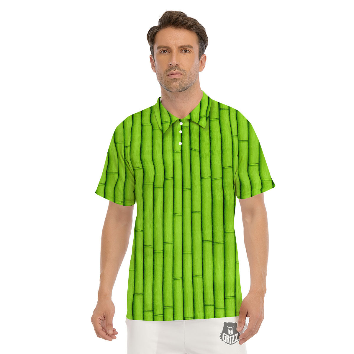 Green Bamboo Print Men's Golf Shirts-grizzshop
