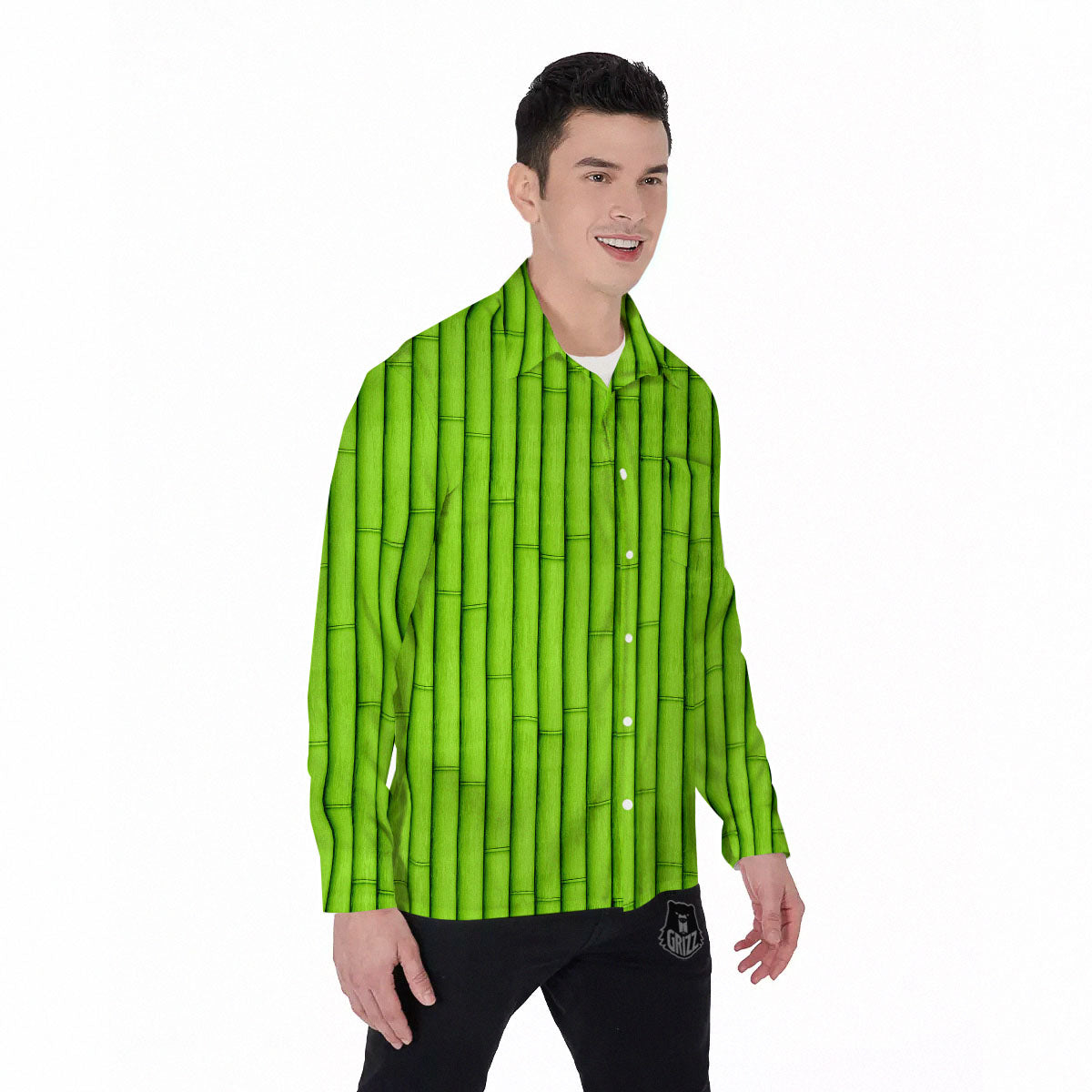 Green Bamboo Print Men's Long Sleeve Shirts-grizzshop