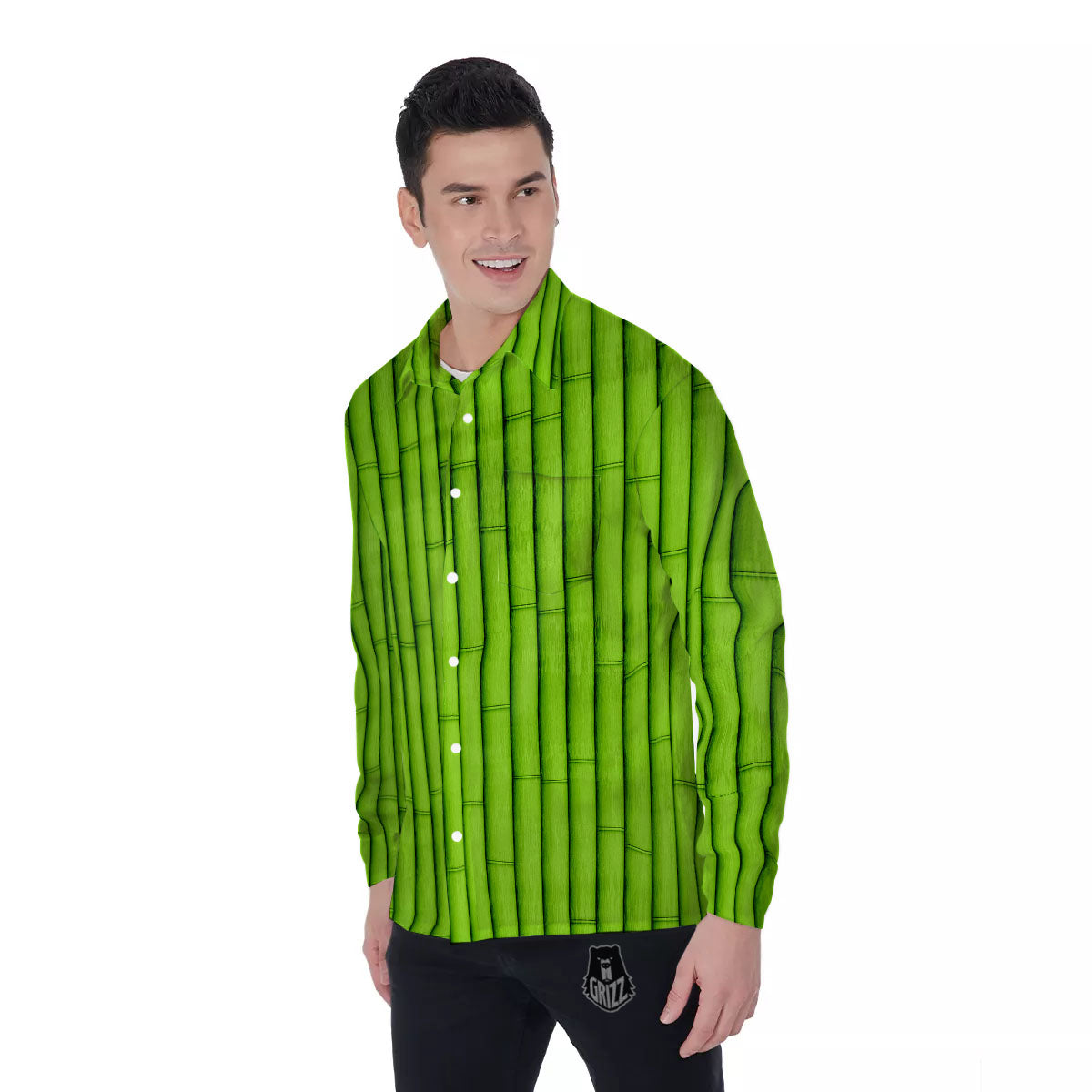 Green Bamboo Print Men's Long Sleeve Shirts-grizzshop