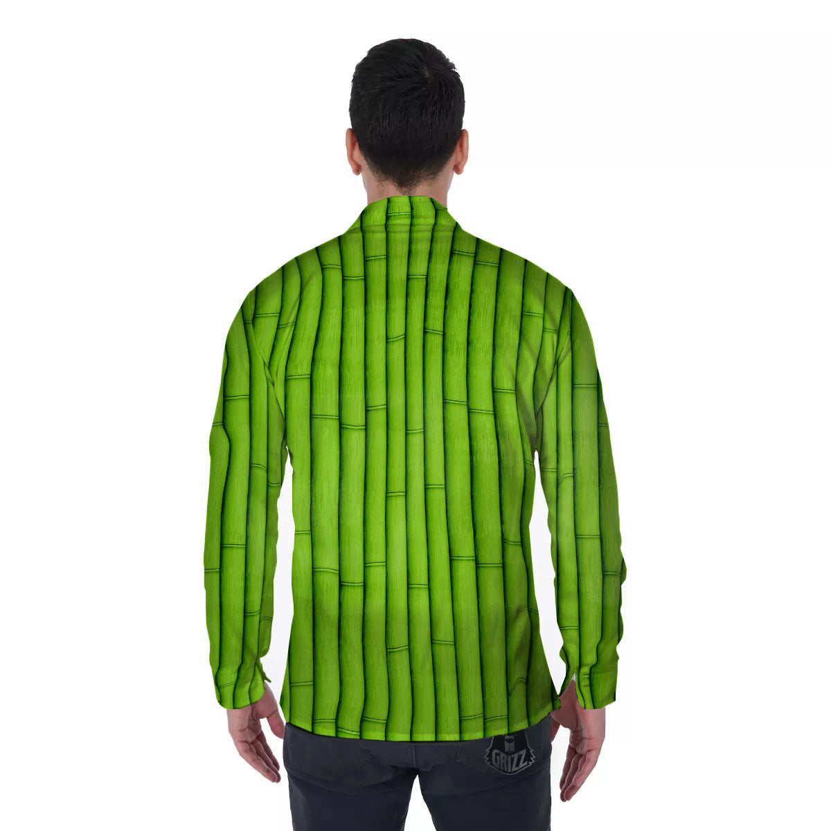 Green Bamboo Print Men's Long Sleeve Shirts-grizzshop