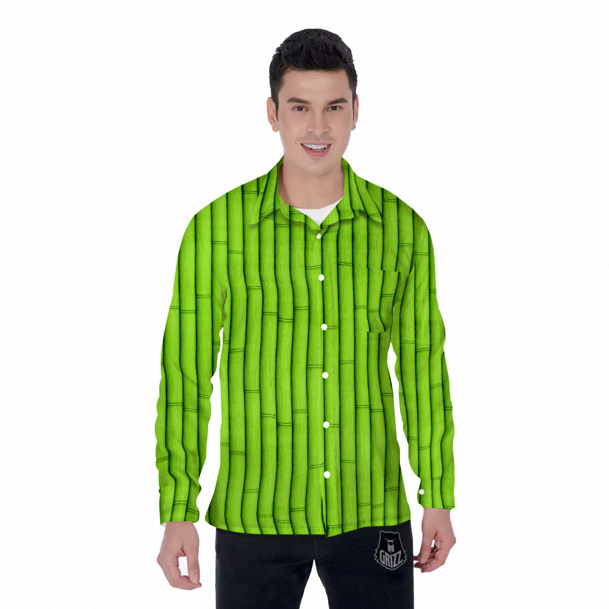 Green Bamboo Print Men's Long Sleeve Shirts-grizzshop