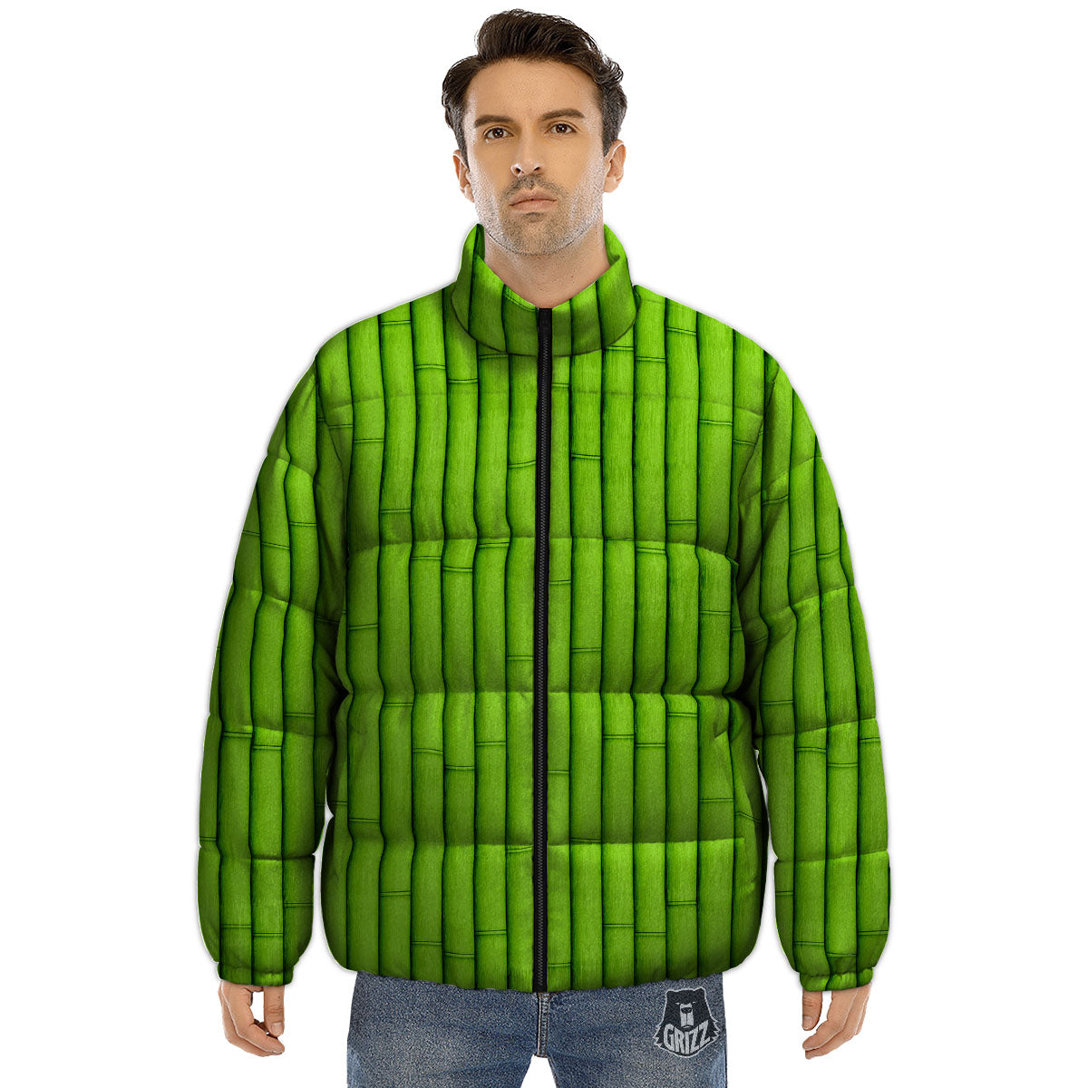 Green Bamboo Print Puffer Jacket-grizzshop