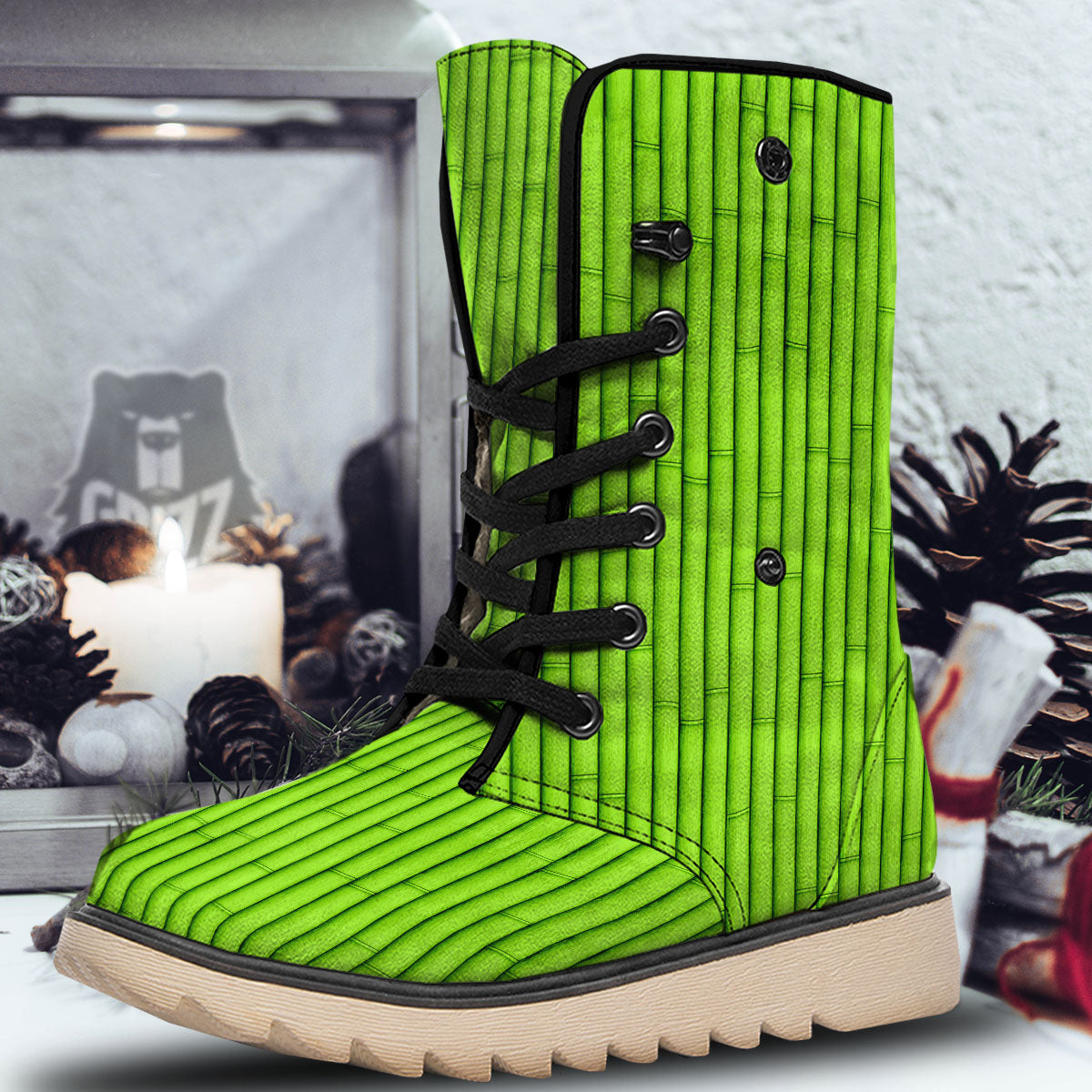 Green Bamboo Print Snow Boots-grizzshop
