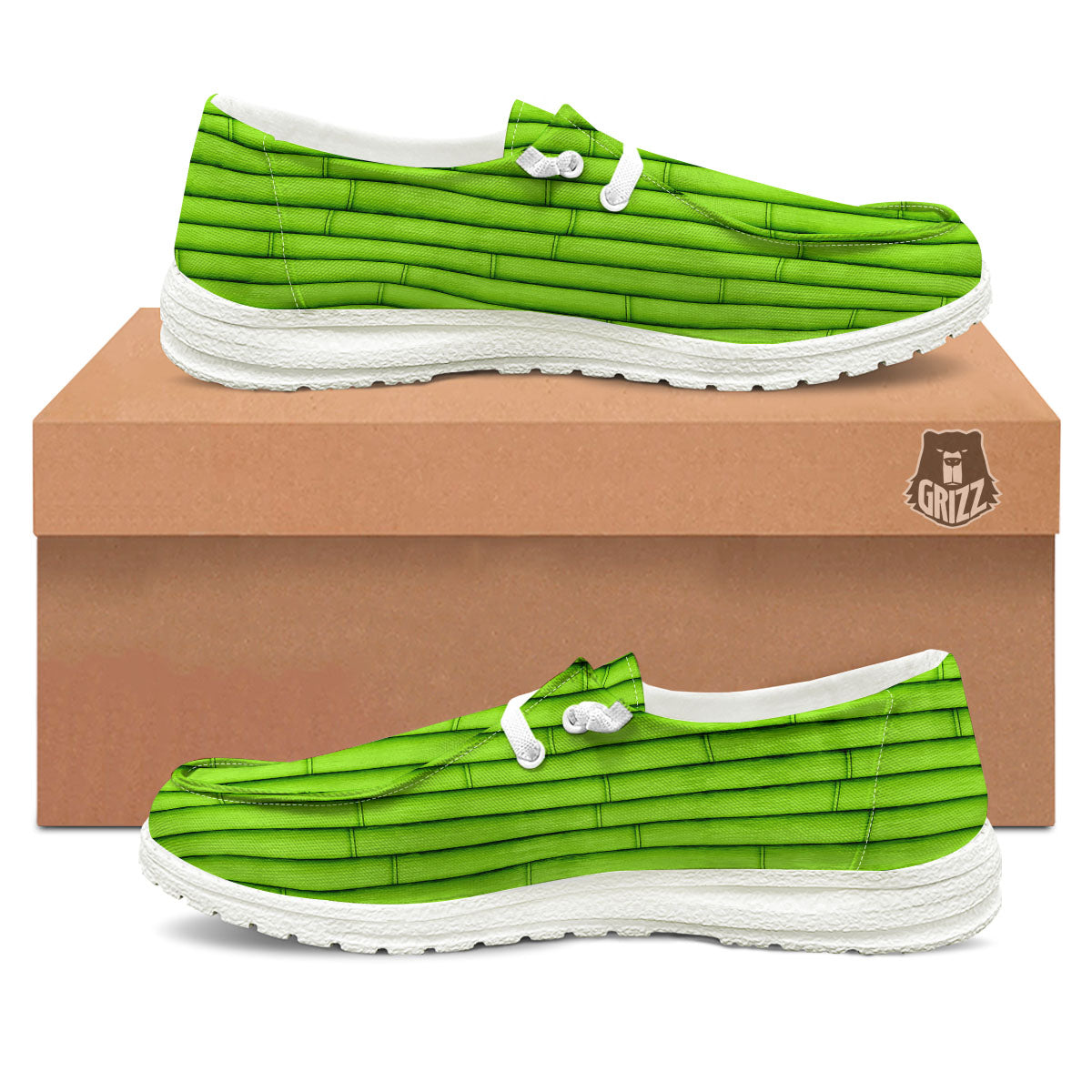 Green Bamboo Print White Loafers-grizzshop