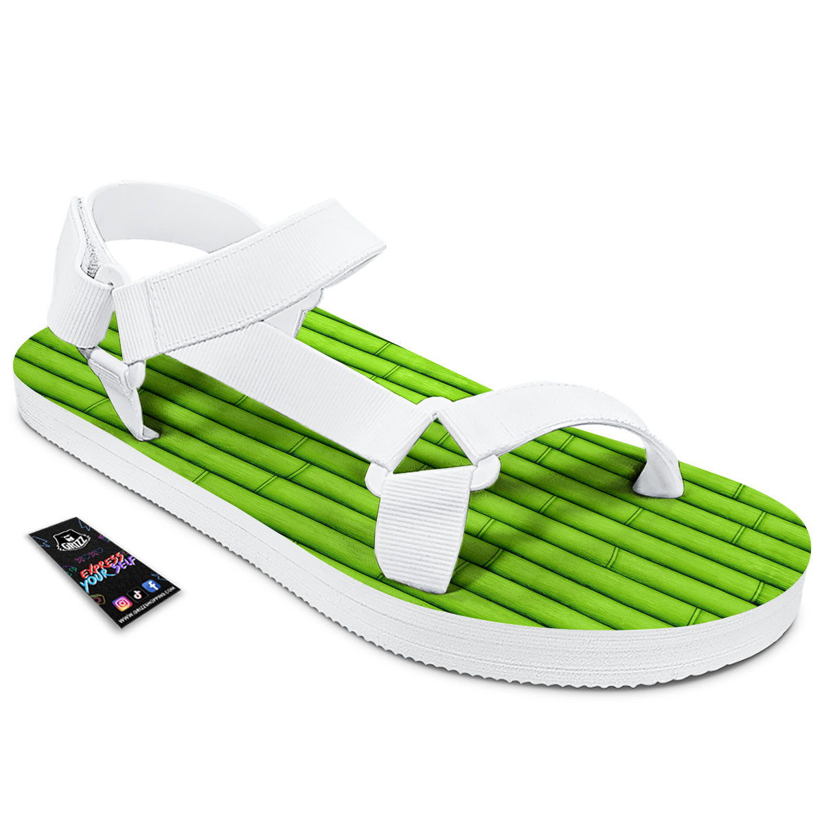 Green Bamboo Print White Open Toe Sandals-grizzshop