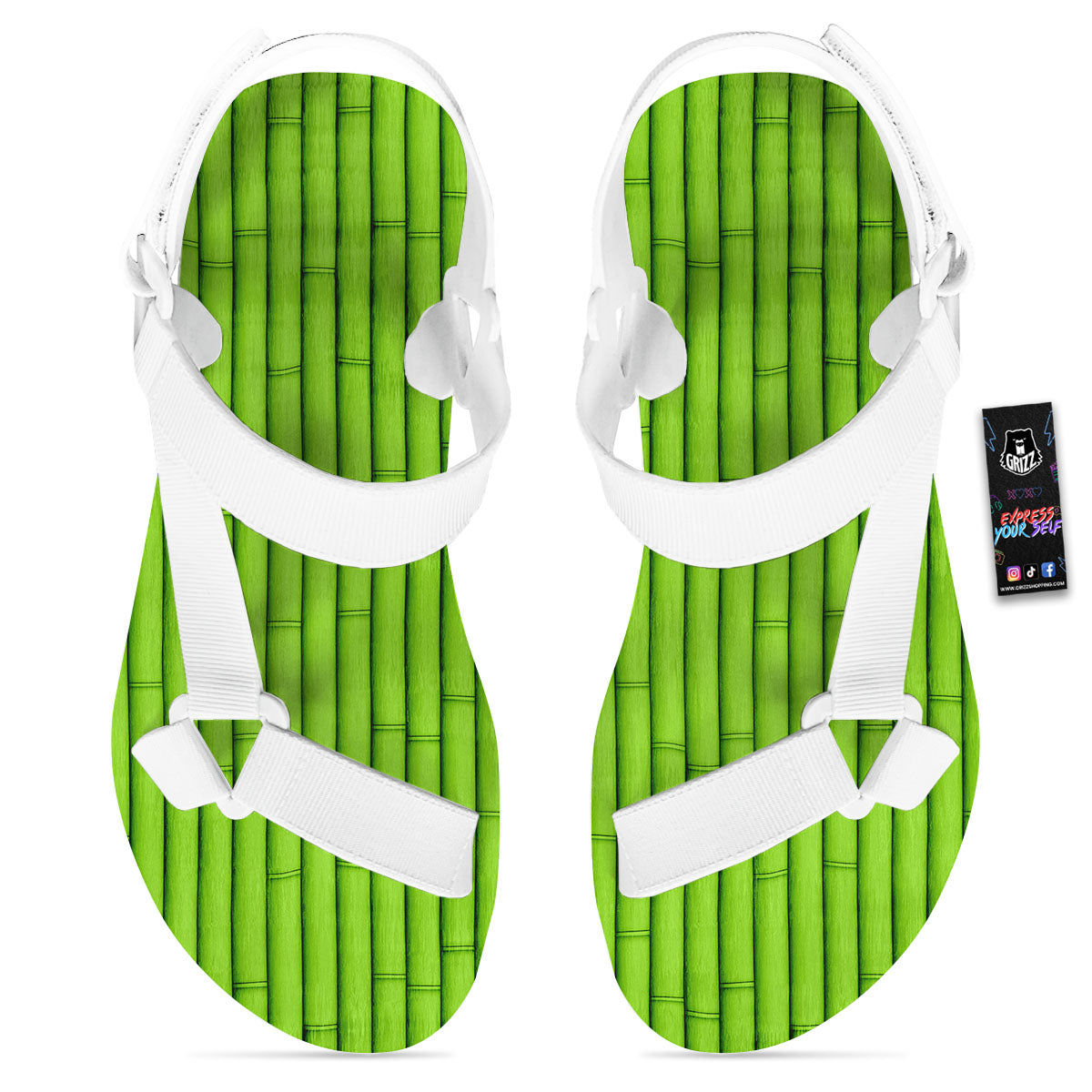 Green Bamboo Print White Open Toe Sandals-grizzshop