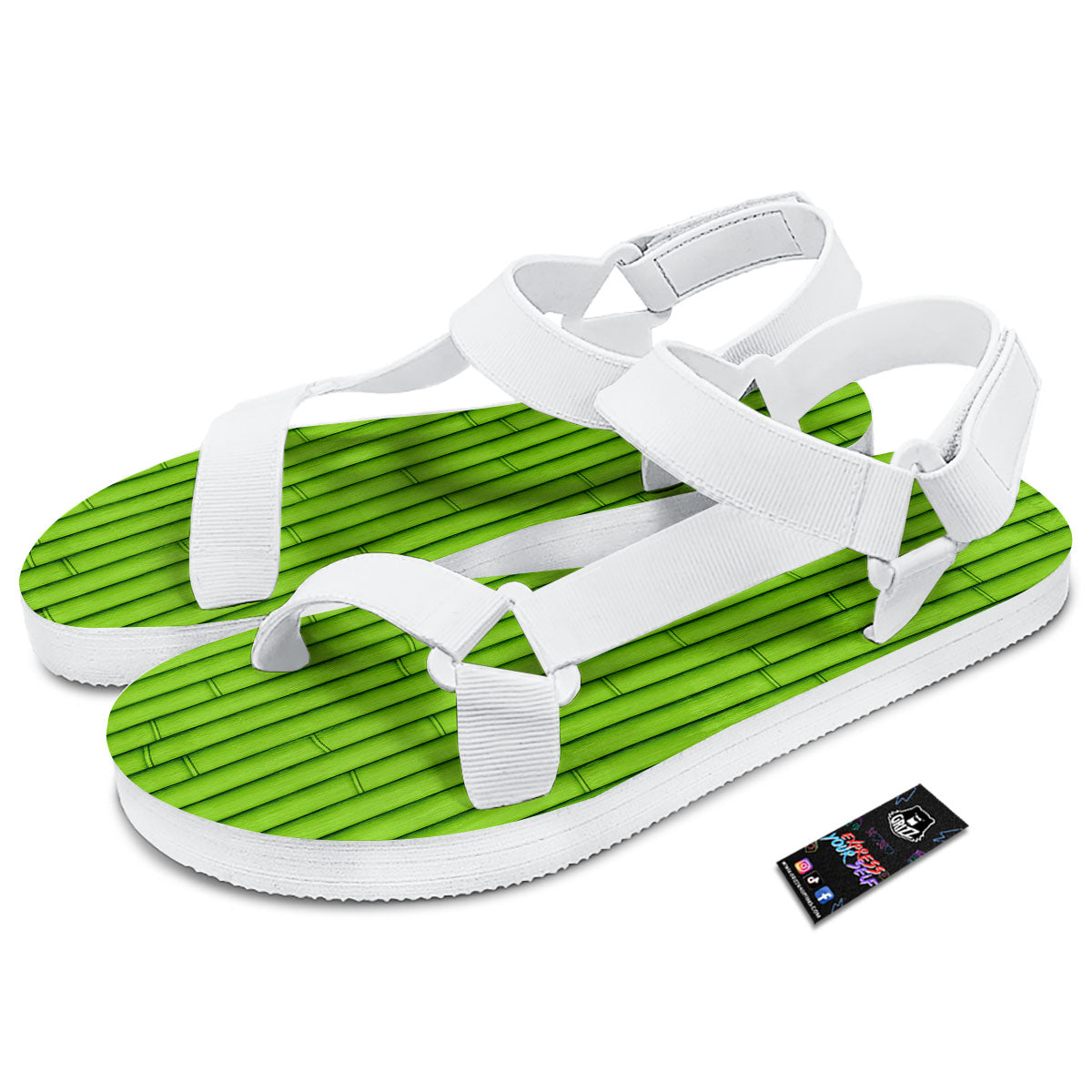 Green Bamboo Print White Open Toe Sandals-grizzshop