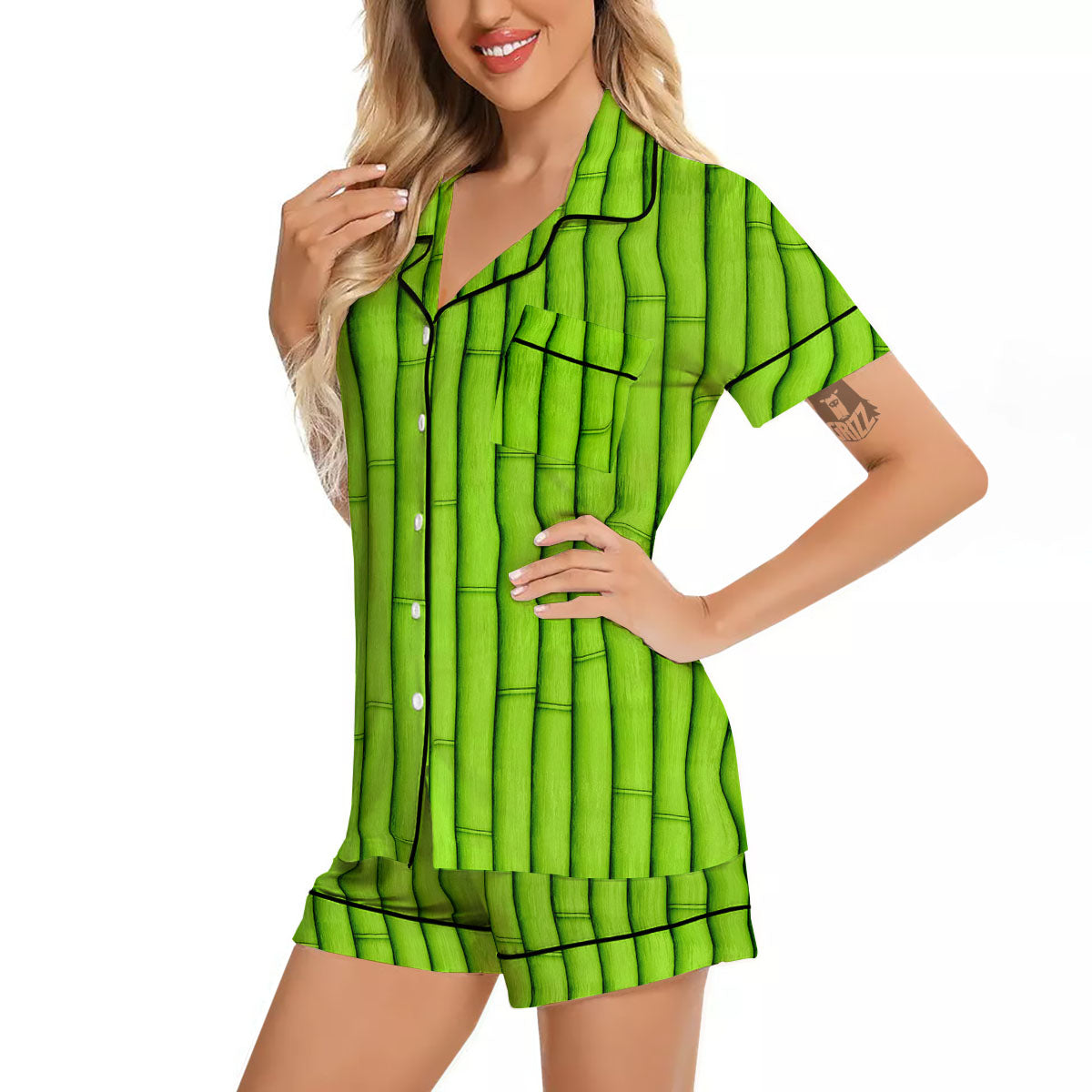 Green Bamboo Print Women Silk Pajamas-grizzshop