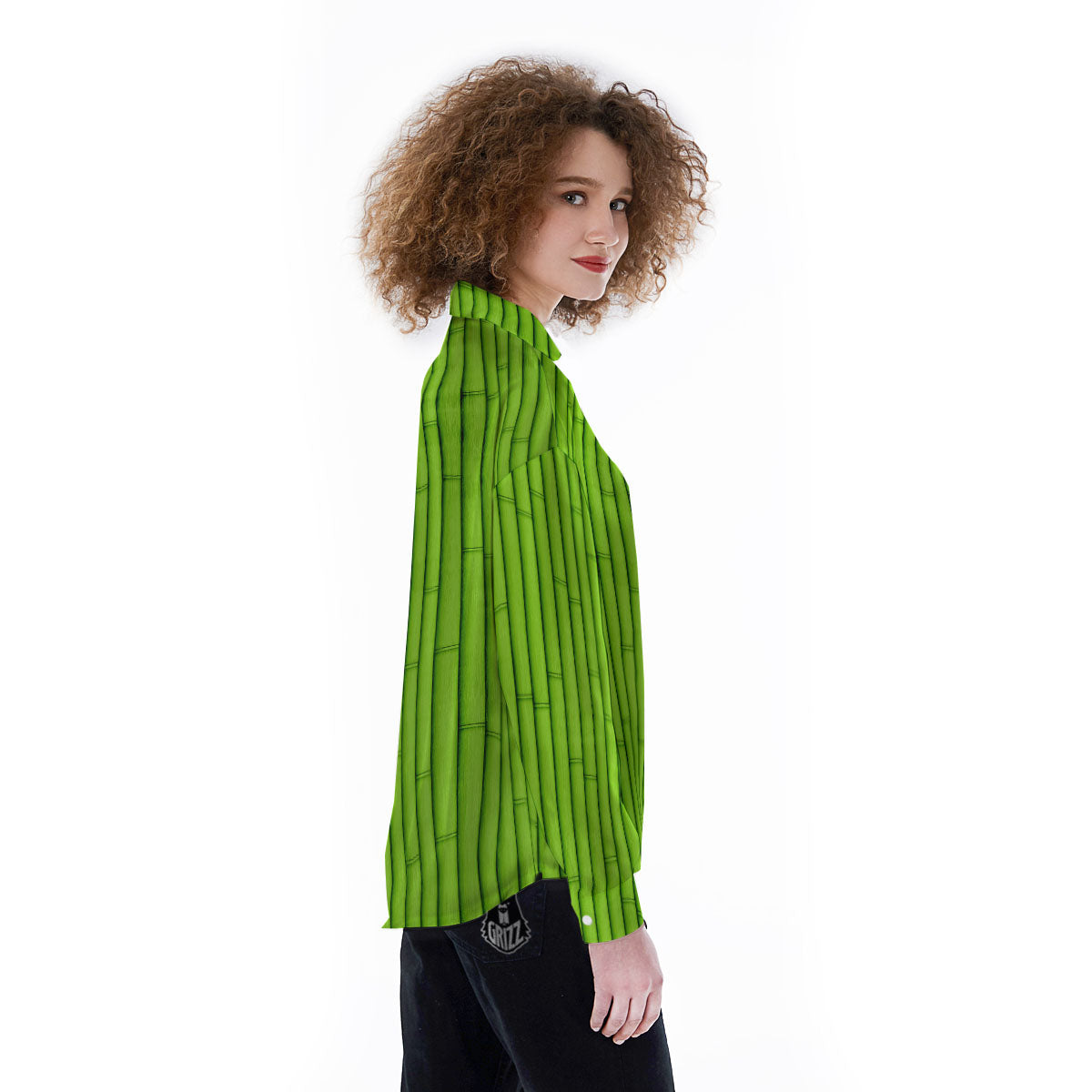 Green Bamboo Print Women's Long Sleeve Shirts-grizzshop