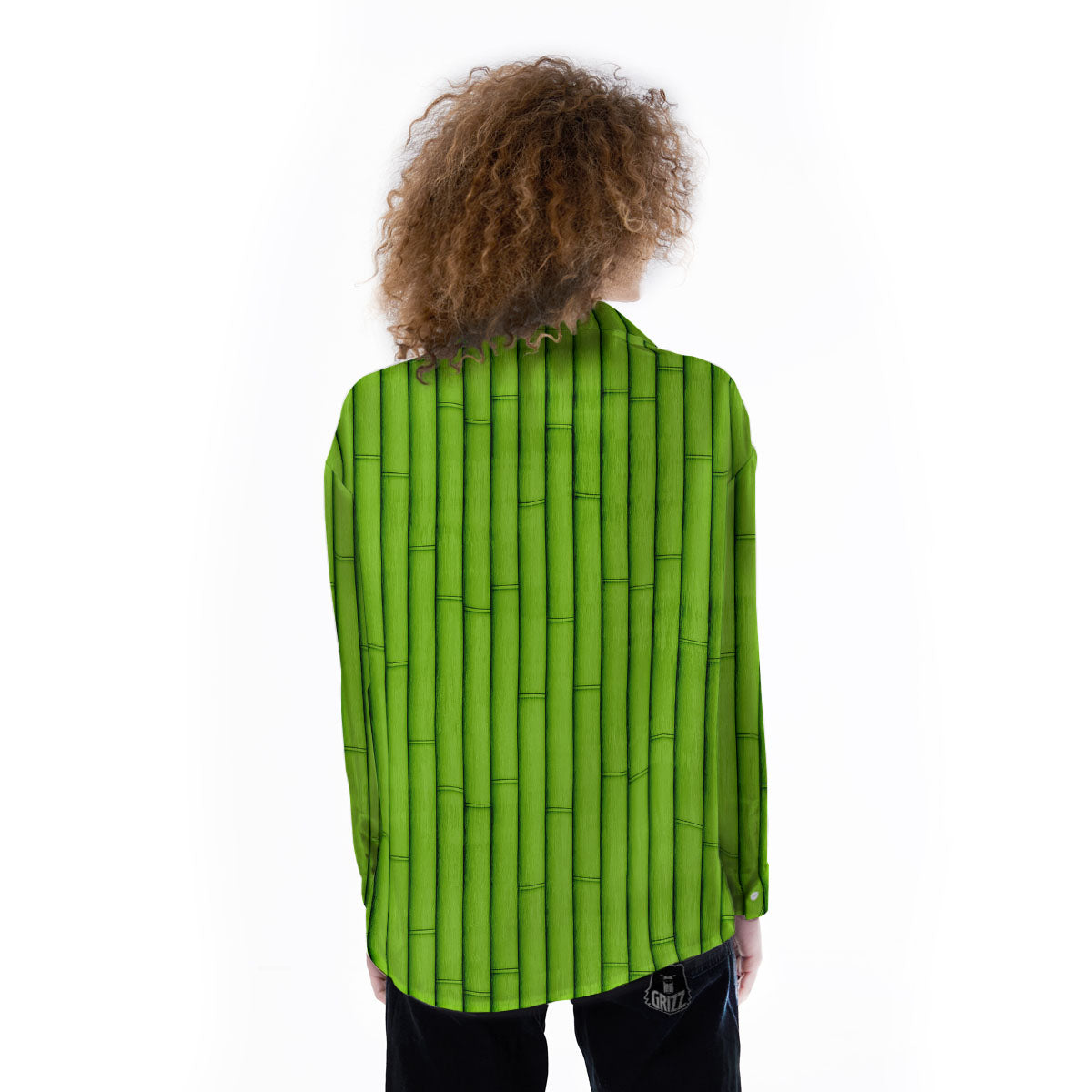 Green Bamboo Print Women's Long Sleeve Shirts-grizzshop