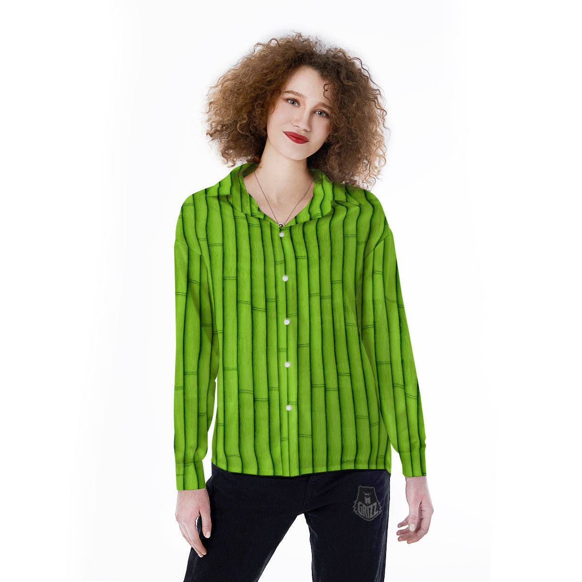 Green Bamboo Print Women's Long Sleeve Shirts-grizzshop