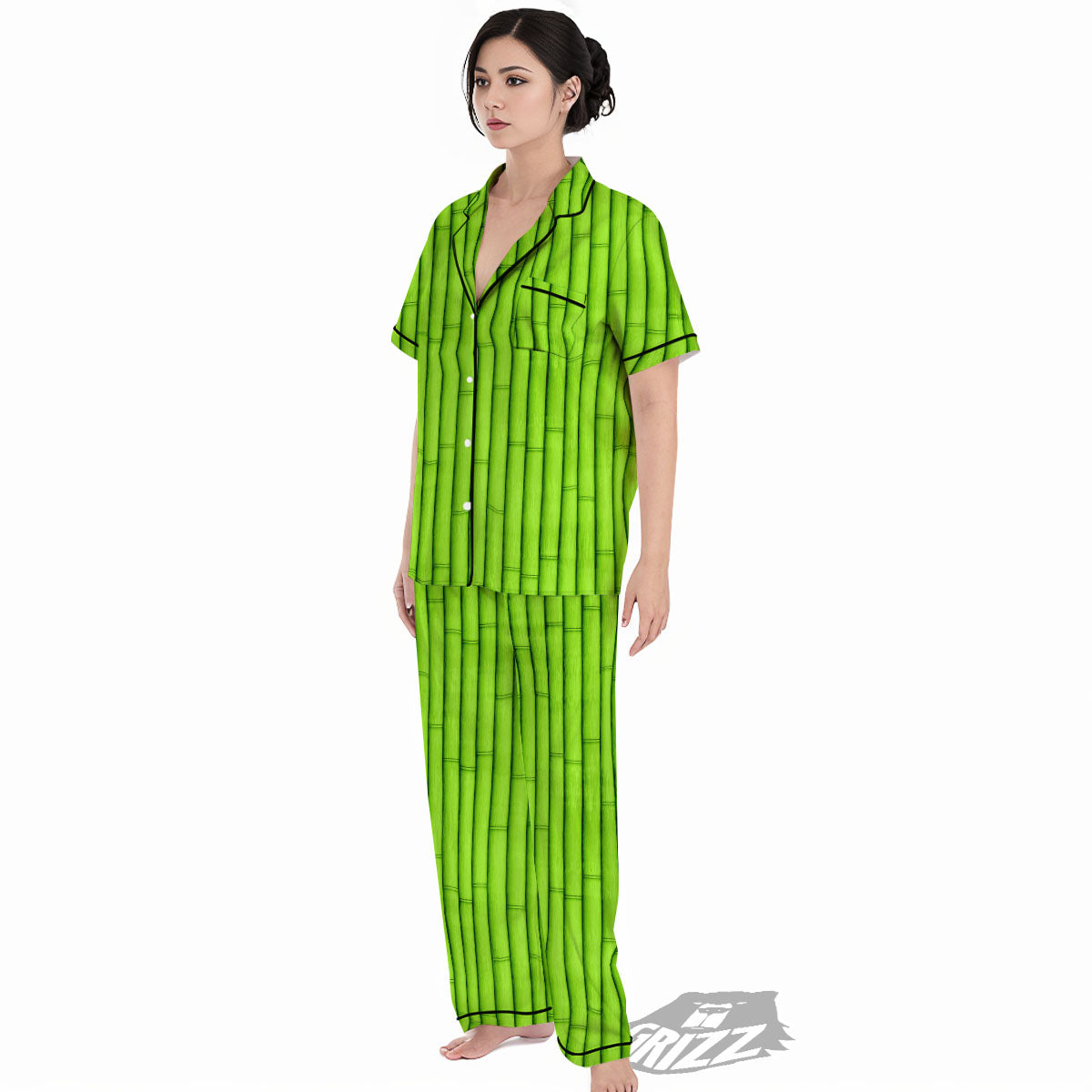 Green Bamboo Print Women's Pajamas Set-grizzshop