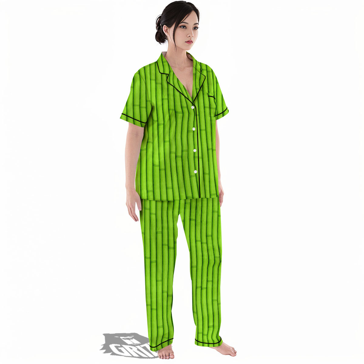 Green Bamboo Print Women's Pajamas Set-grizzshop