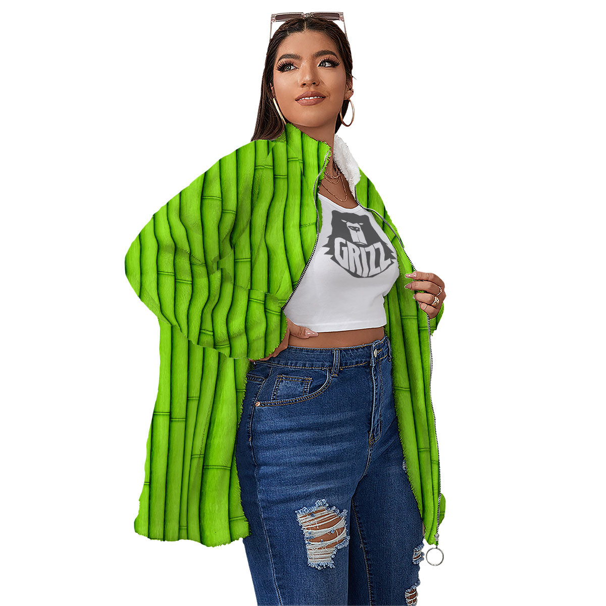 Green Bamboo Print Women's Sherpa Jacket-grizzshop