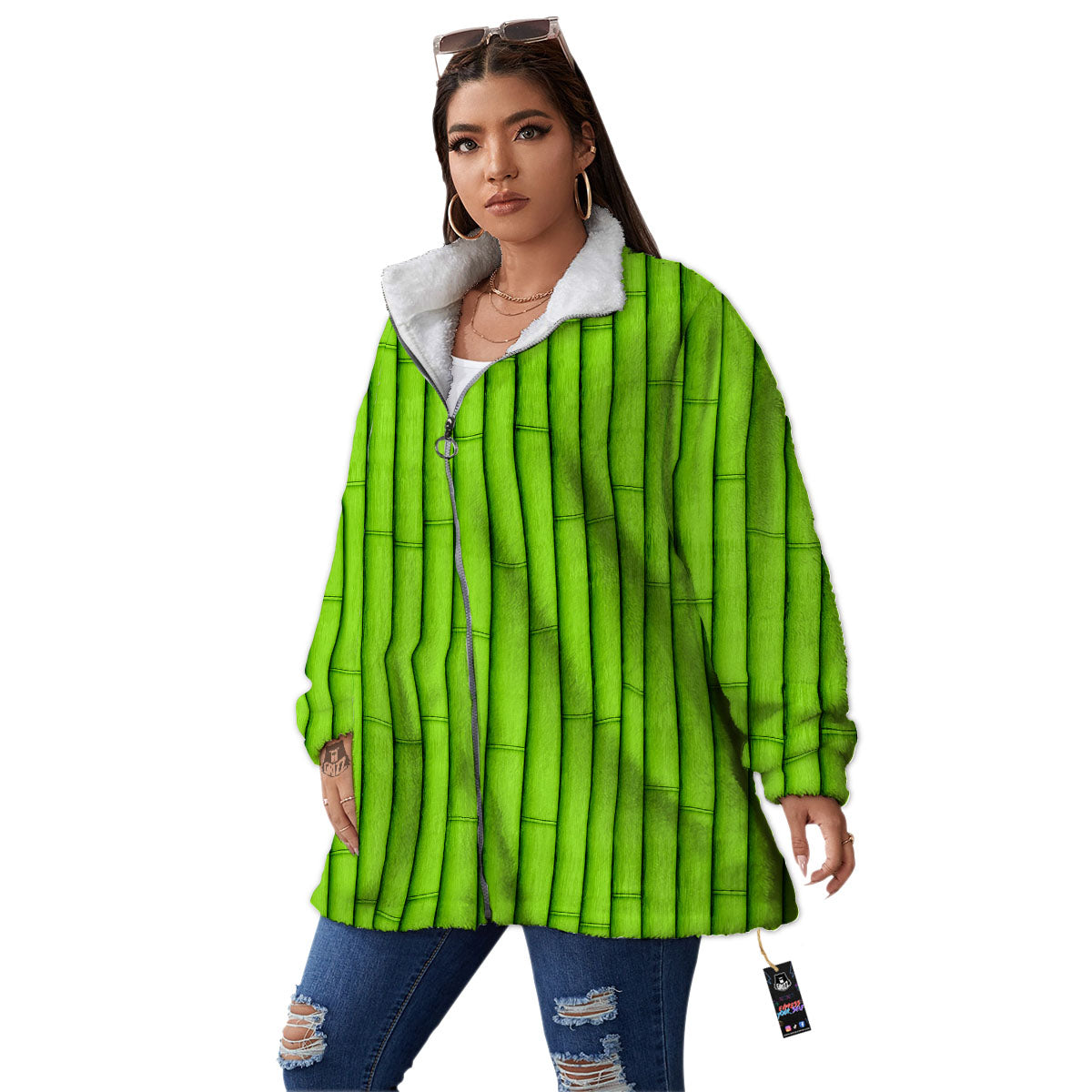 Green Bamboo Print Women's Sherpa Jacket-grizzshop