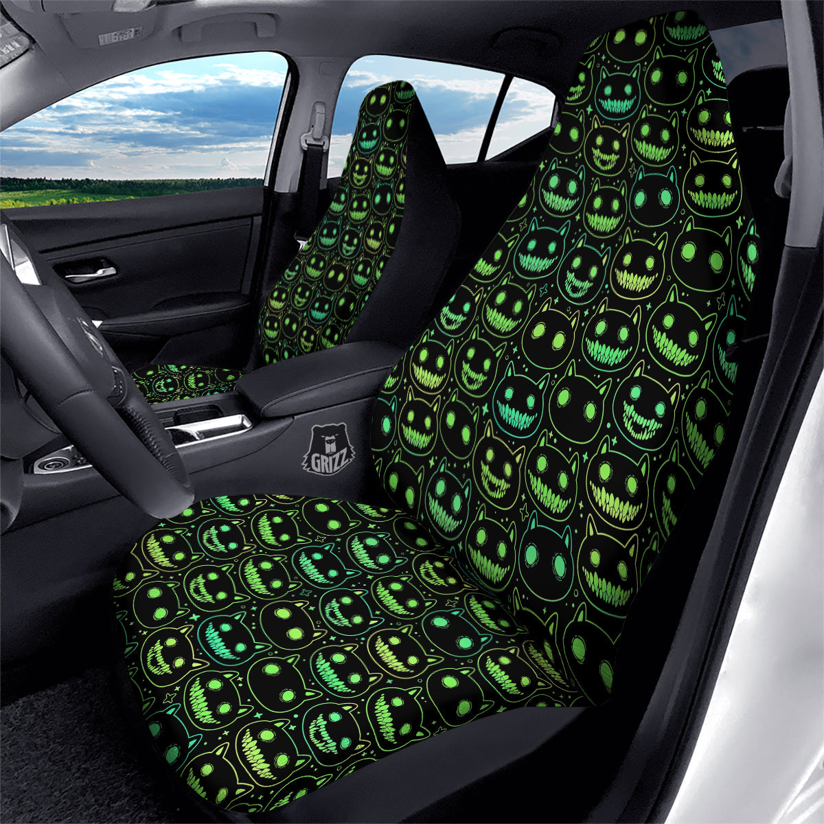 Green Black Head Cartoon Spooky Cat Print Pattern Car Seat Covers-grizzshop