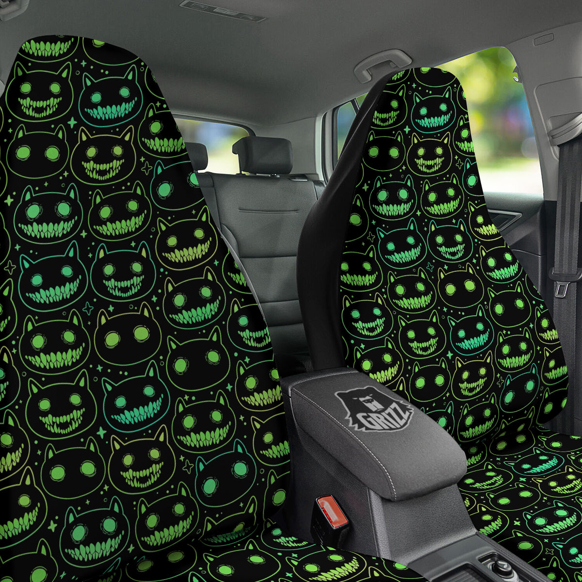 Green Black Head Cartoon Spooky Cat Print Pattern Car Seat Covers-grizzshop