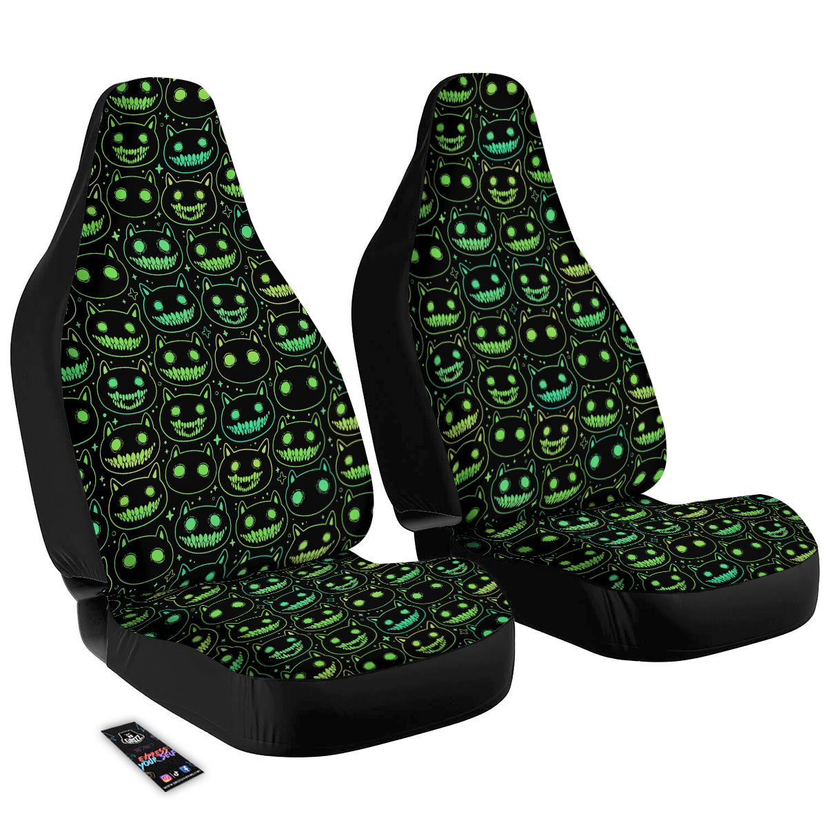 Green Black Head Cartoon Spooky Cat Print Pattern Car Seat Covers-grizzshop