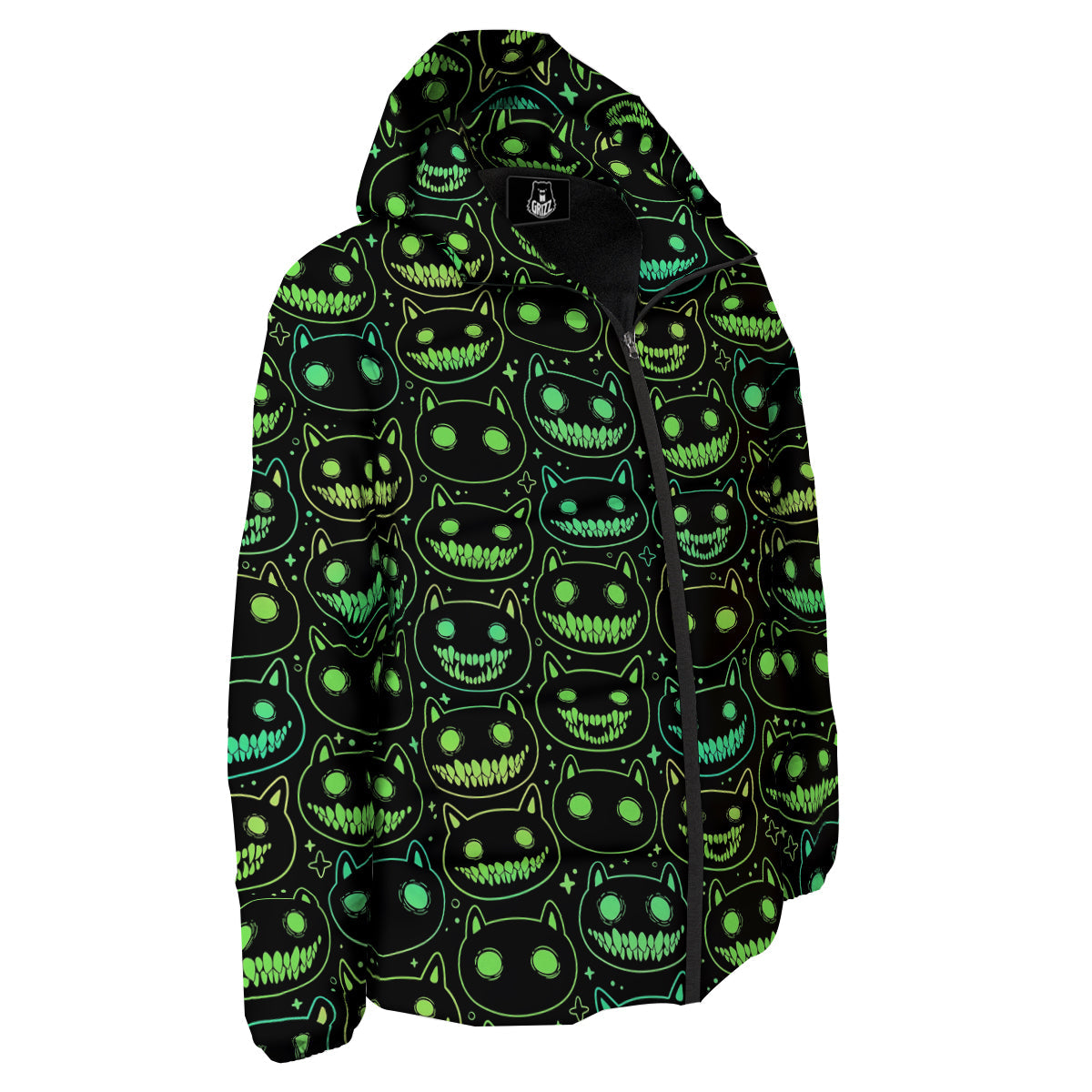 Green Black Head Cartoon Spooky Cat Print Pattern Down Jacket-grizzshop