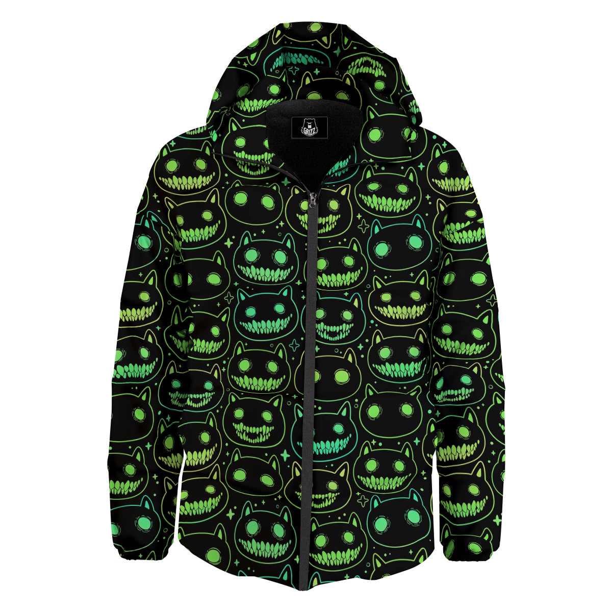Green Black Head Cartoon Spooky Cat Print Pattern Down Jacket-grizzshop