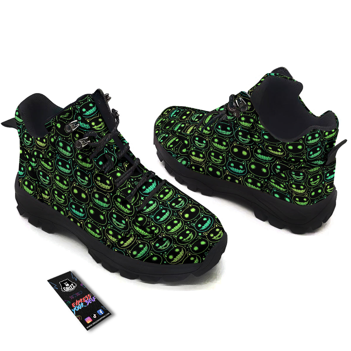 Green Black Head Cartoon Spooky Cat Print Pattern Hiking Shoes-grizzshop