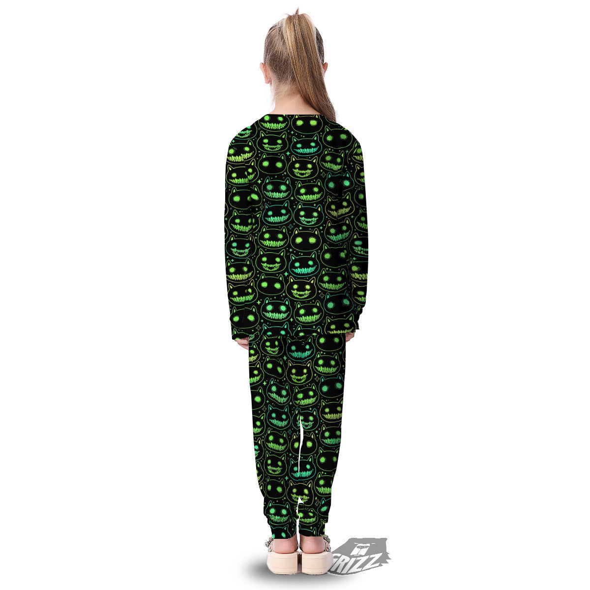 Green Black Head Cartoon Spooky Cat Print Pattern Kid's Pajamas-grizzshop