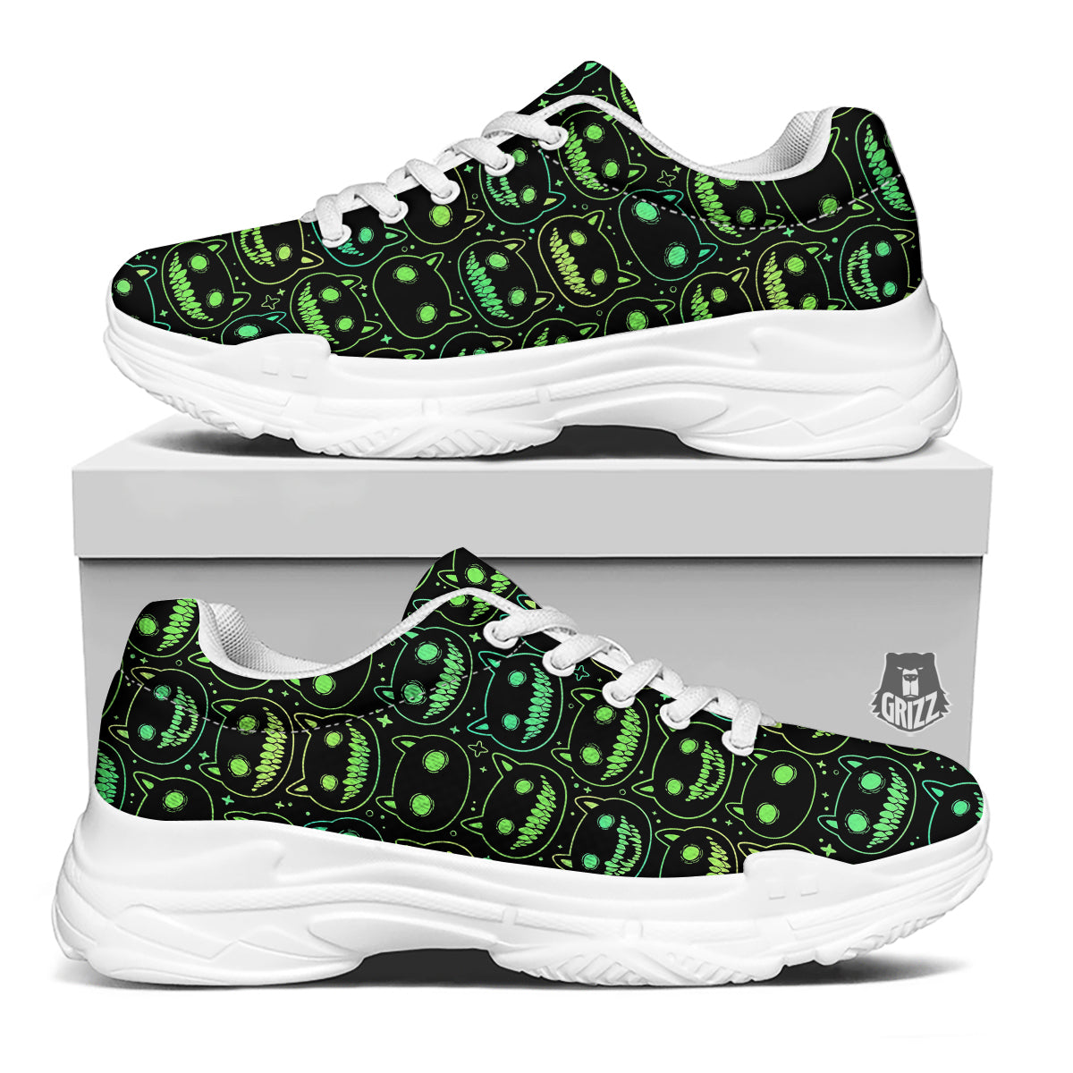 Green Black Head Cartoon Spooky Cat Print Pattern White Chunky Shoes-grizzshop