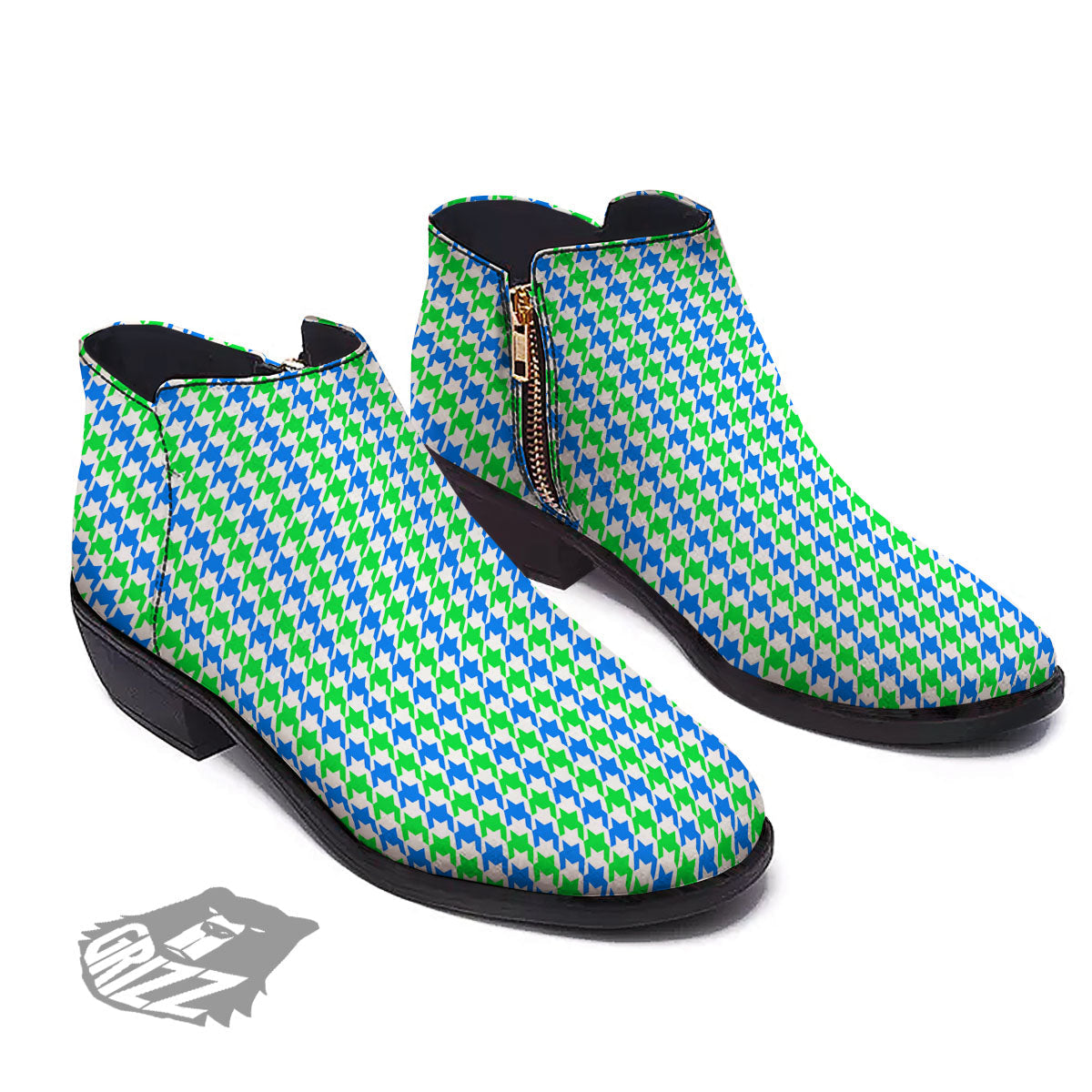 Green Blue And White Houndstooth Print Ankle Boots-grizzshop